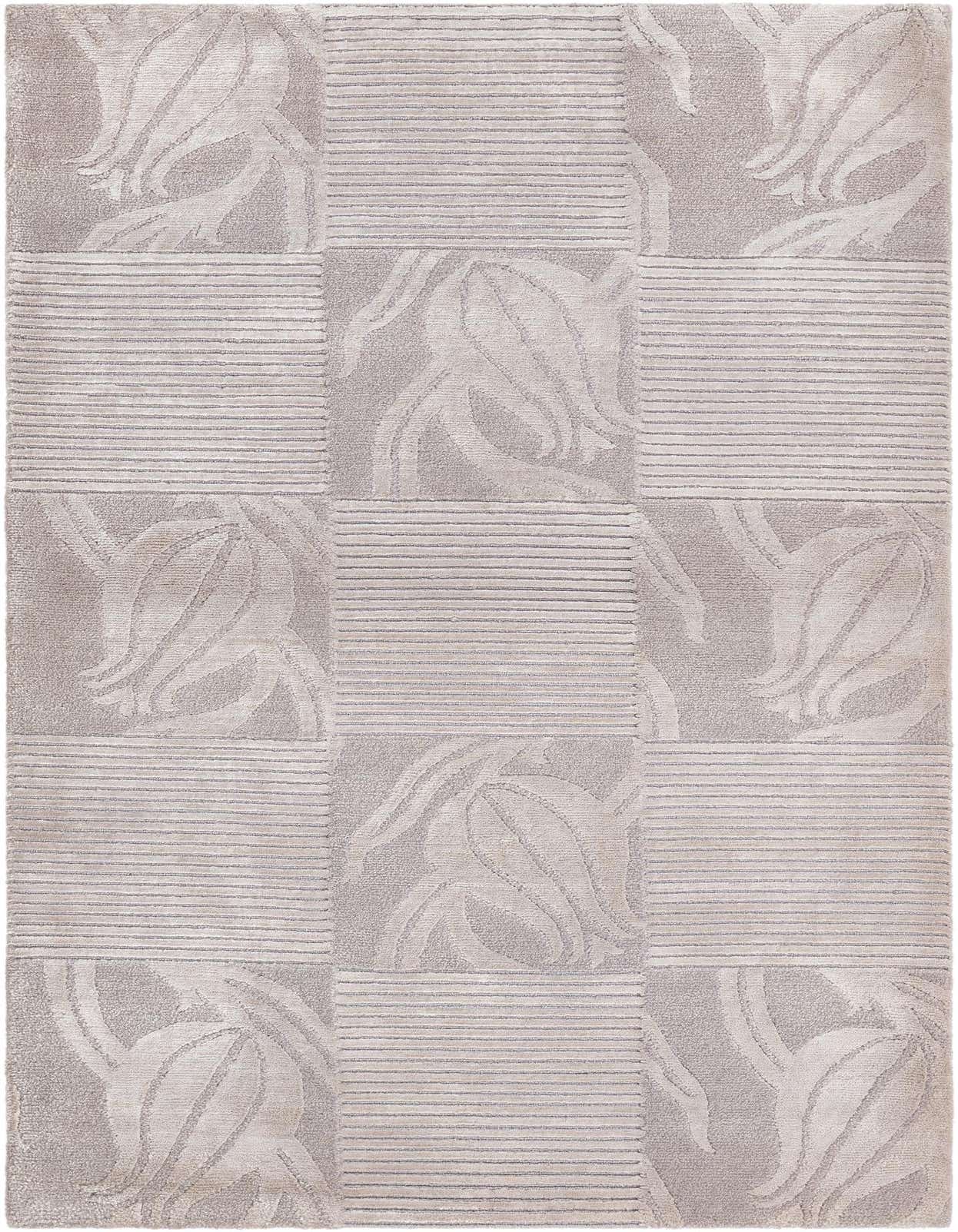 A 3x5 rectangular Darya rug with a modern oriental pattern in varying shades of gray, featuring alternating blocks of horizontal stripes and abstract floral motifs.