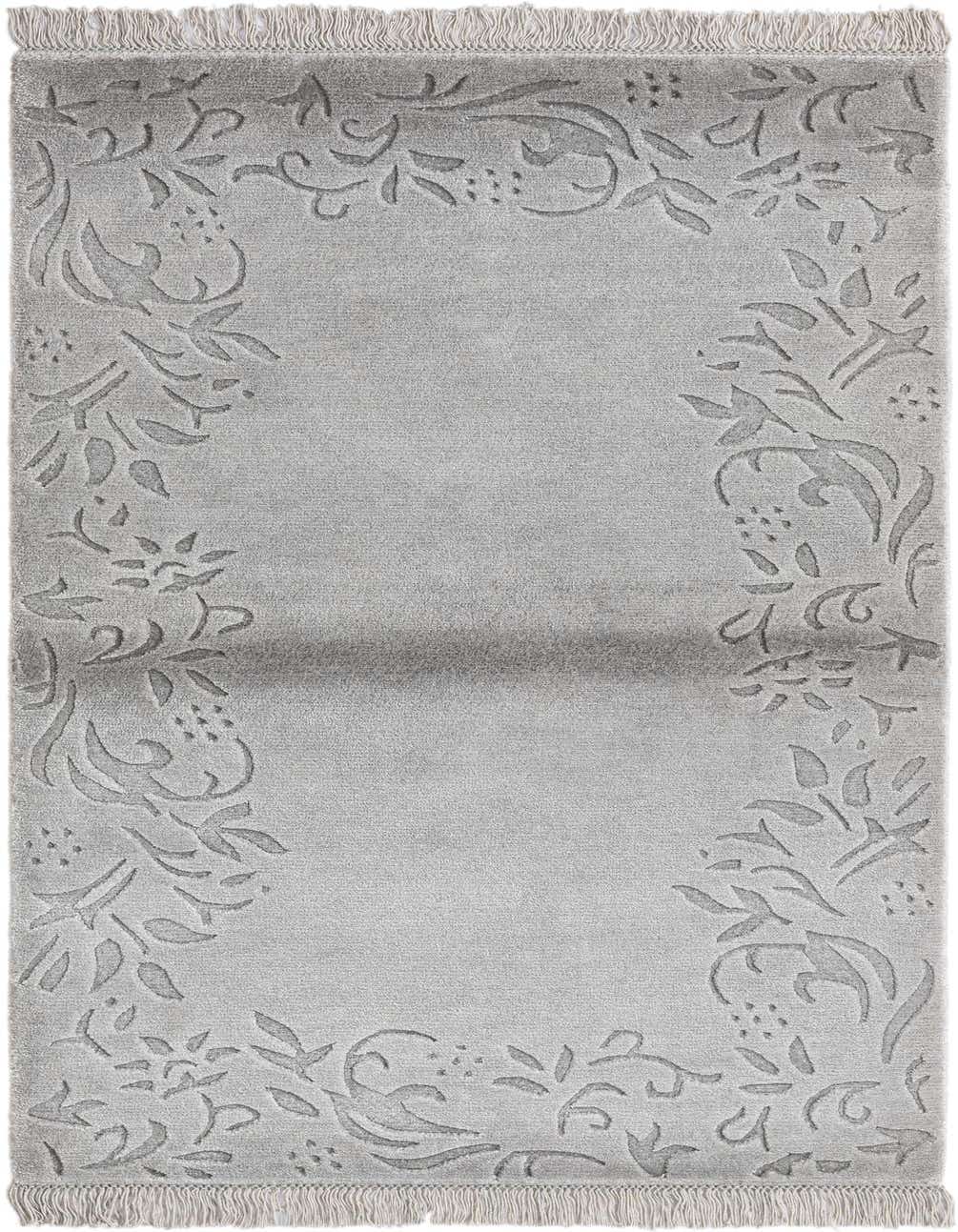 A 3x5 rectangular gray wool rug with a high pile and a modern oriental floral border design.