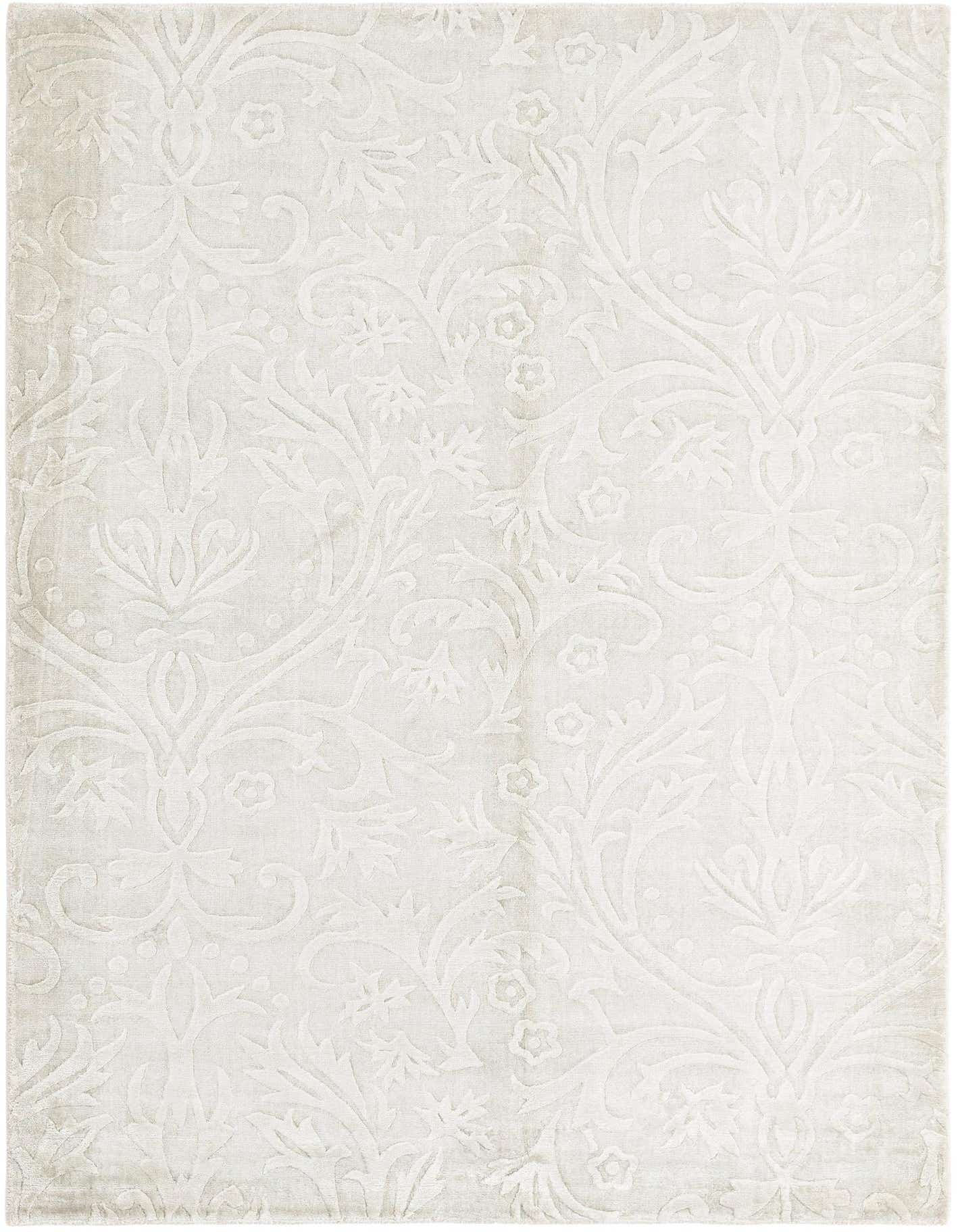 A 4x6 rectangular gray area rug with a subtle, high-pile modern Persian floral pattern, ideal for a living room.