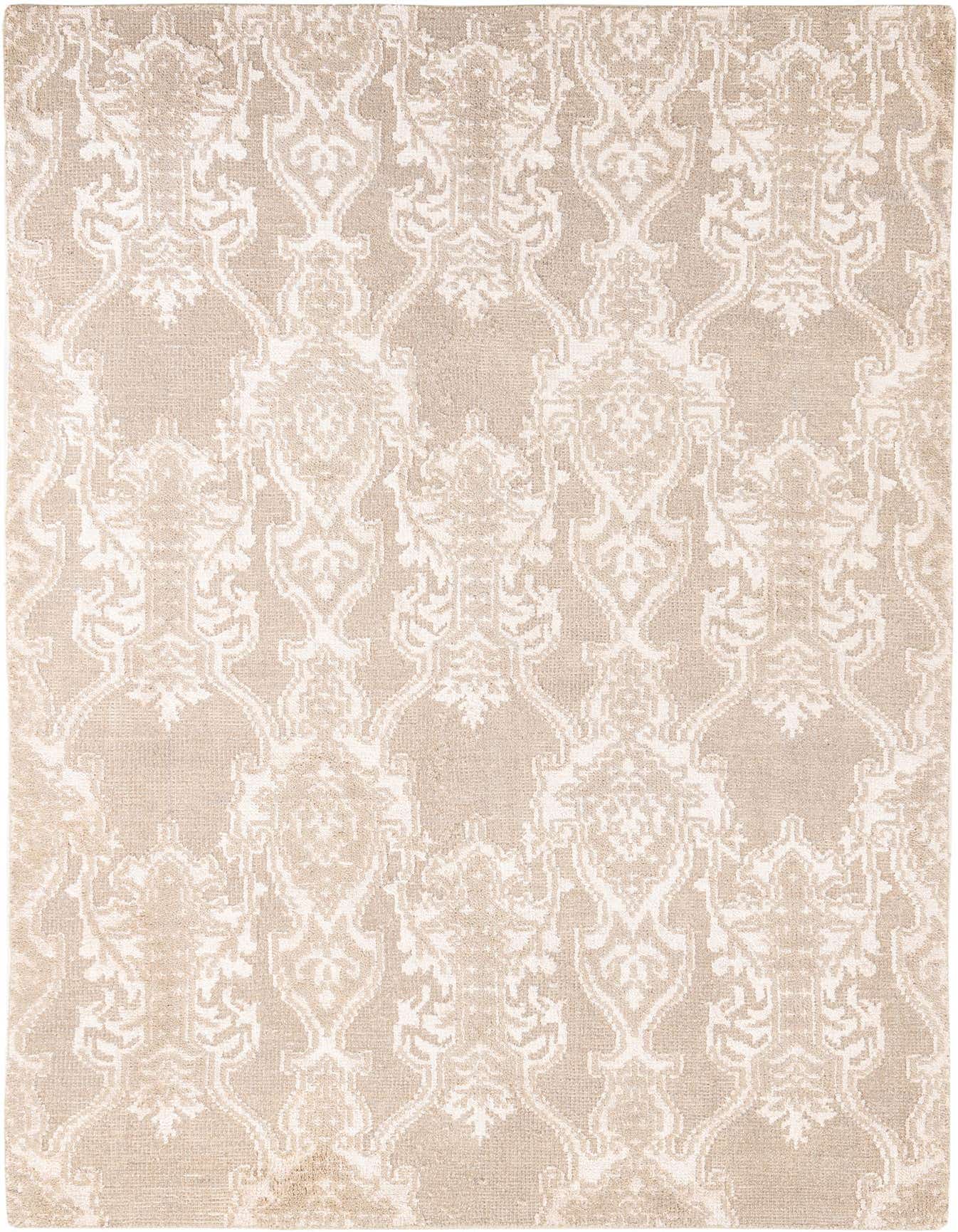 A 6x9 rectangular Rugs.com Darya rug featuring a high pile, modern oriental pattern in shades of gray and silver.