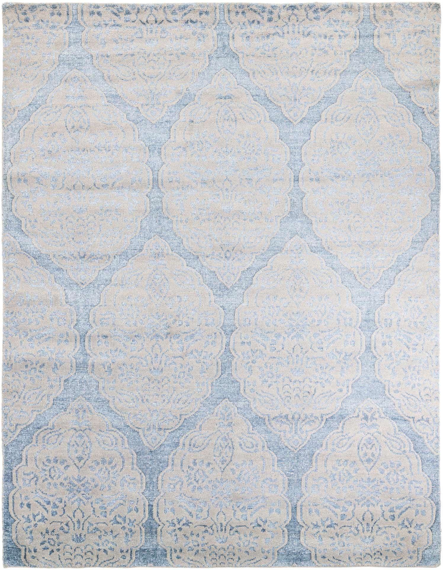 A 9x12 rectangular Darya rug with a traditional medallion pattern in light gray and silver tones.