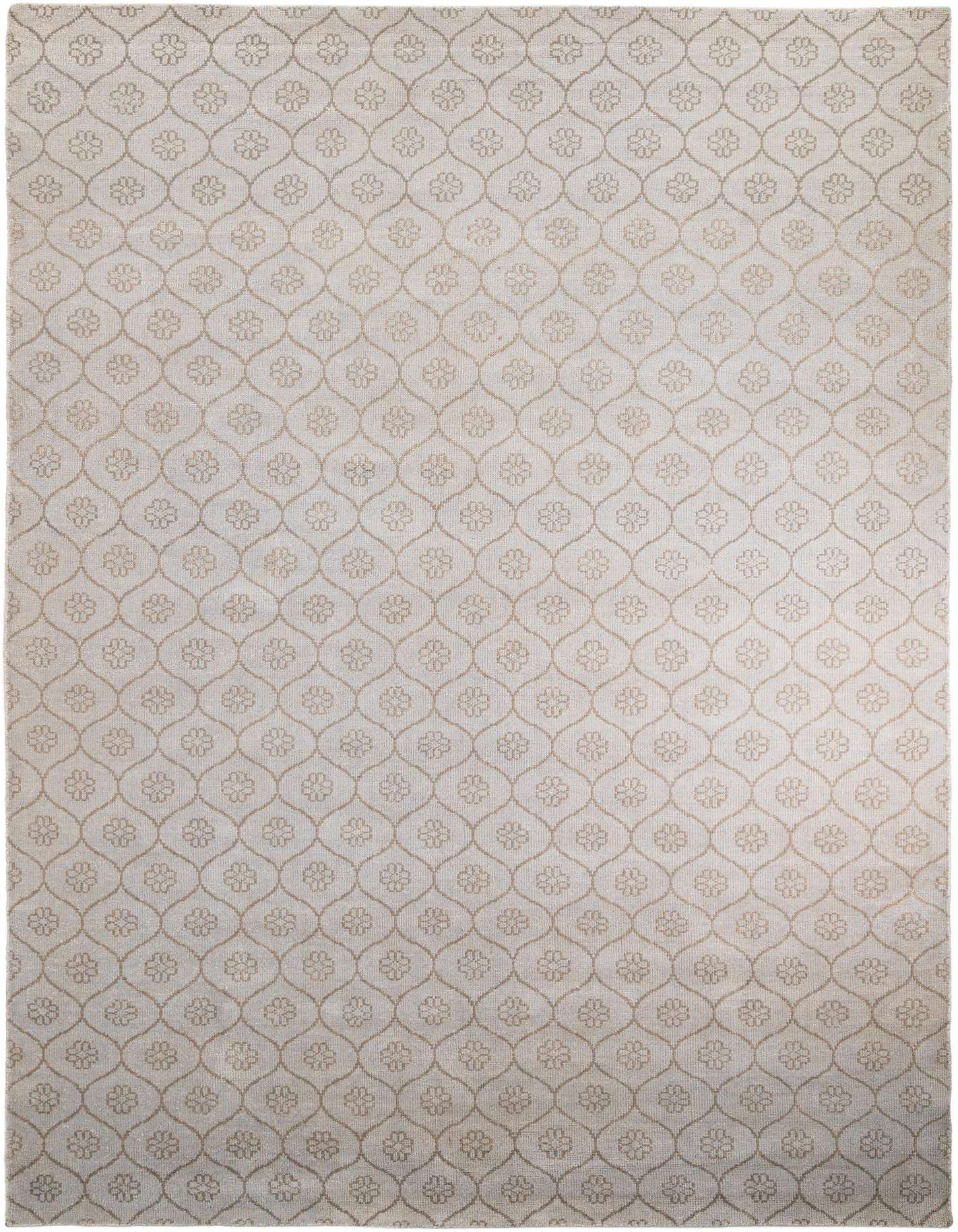 A 10x14 rectangular gray modern wool rug with a repeating light brown floral trellis pattern.