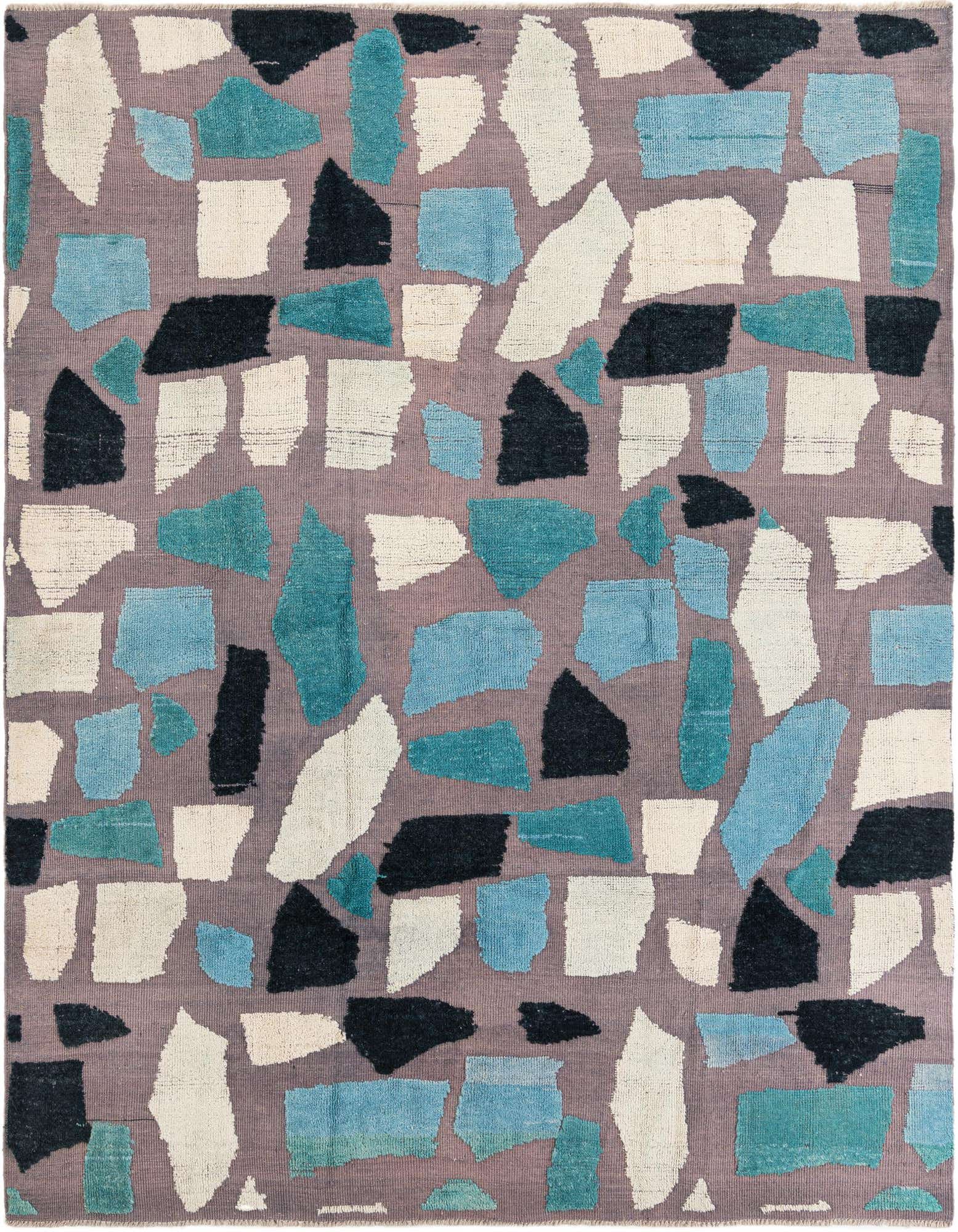 A rectangular 8x10 modern wool rug featuring an abstract pattern of light blue, teal, black, and cream shapes on a gray background.