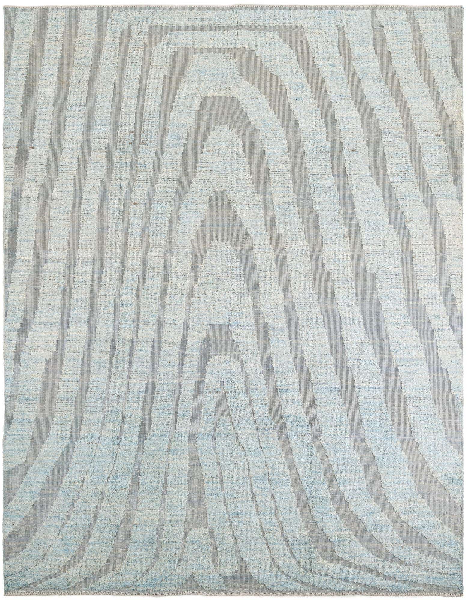 A 9x11 rectangular Darya rug with a modern abstract pattern in varying shades of gray and silver.