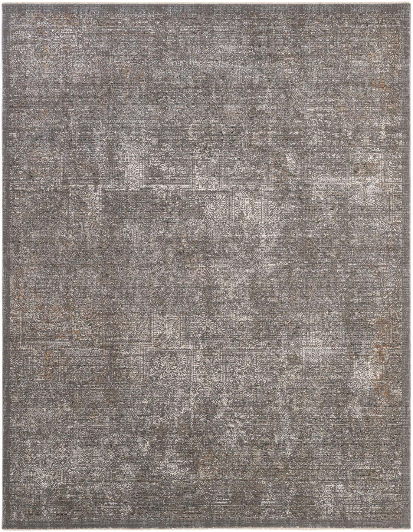 A 6x9 rectangular Deepa Collection rug in varying shades of gray with a distressed modern oriental pattern.