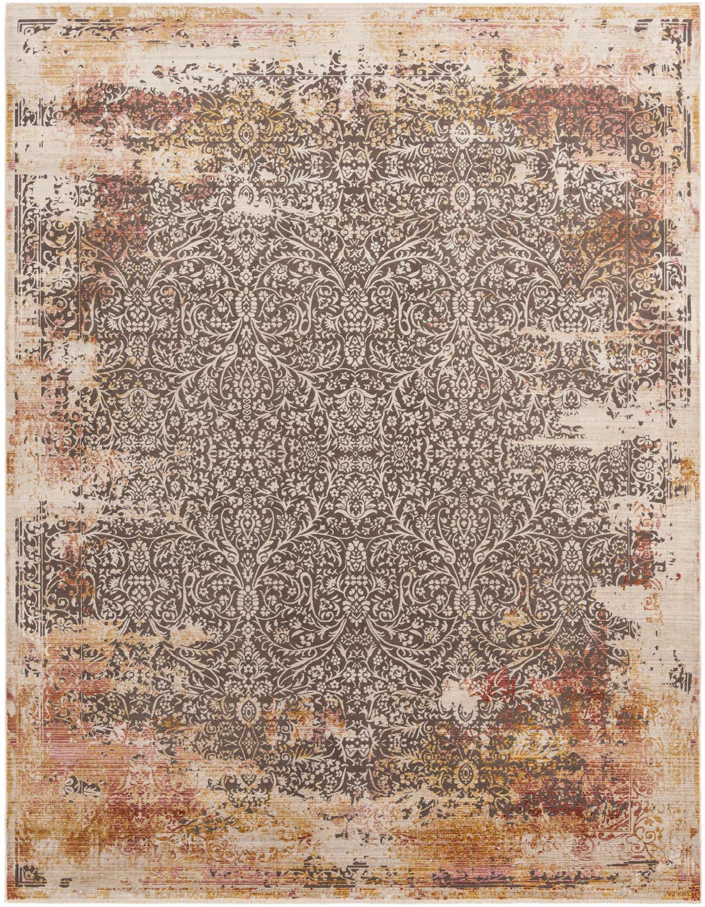 A 10x14 rectangular Deepa rug featuring a distressed traditional medallion pattern in grays and silvers, with hints of rust and gold.