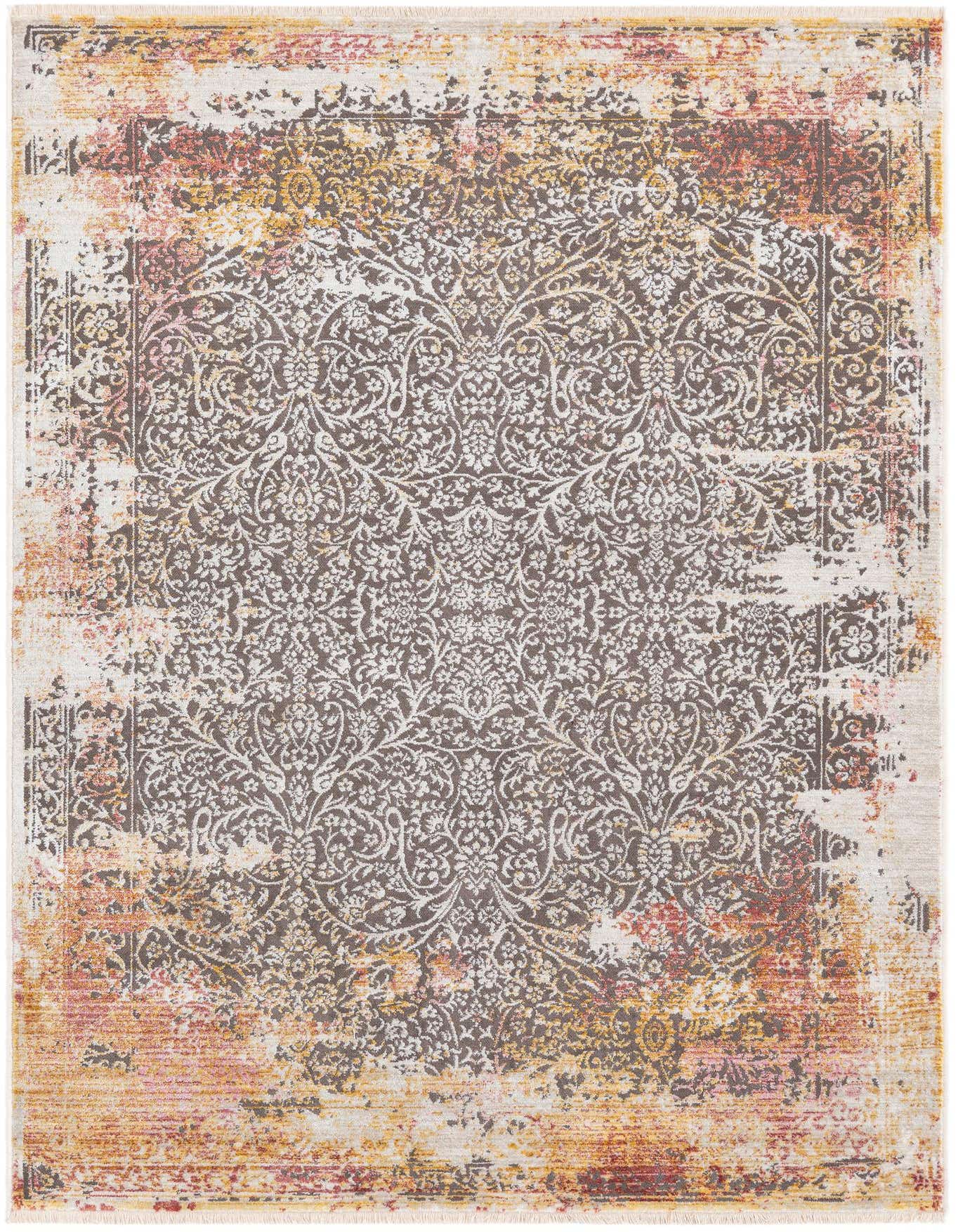 A 4x6 rectangular Deepa rug from Rugs.com features a distressed traditional medallion pattern in grays, silvers, and hints of rust and gold.