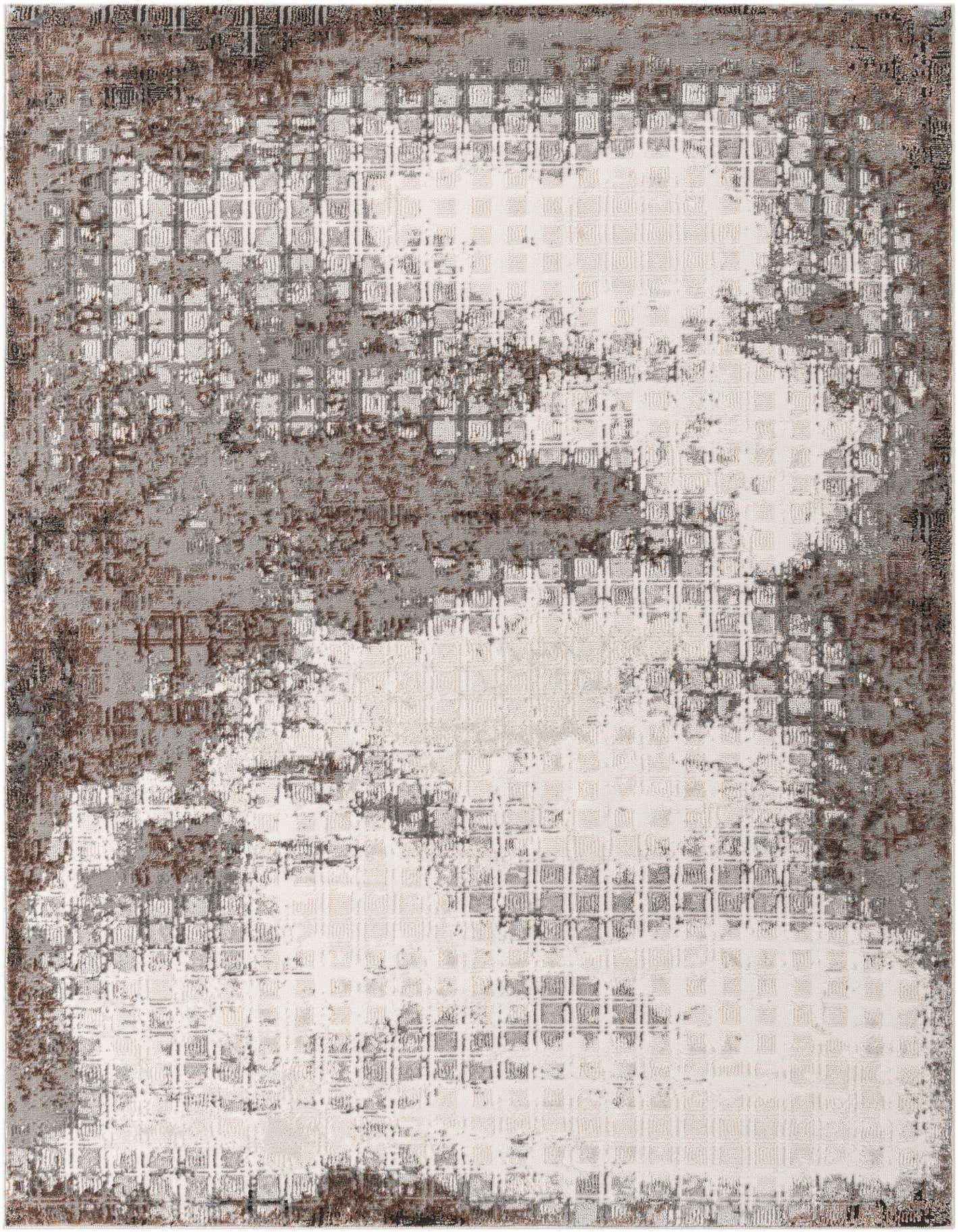 A 5x7 rectangular modern vintage rug featuring an abstract pattern in grays, silvers, and hints of brown.