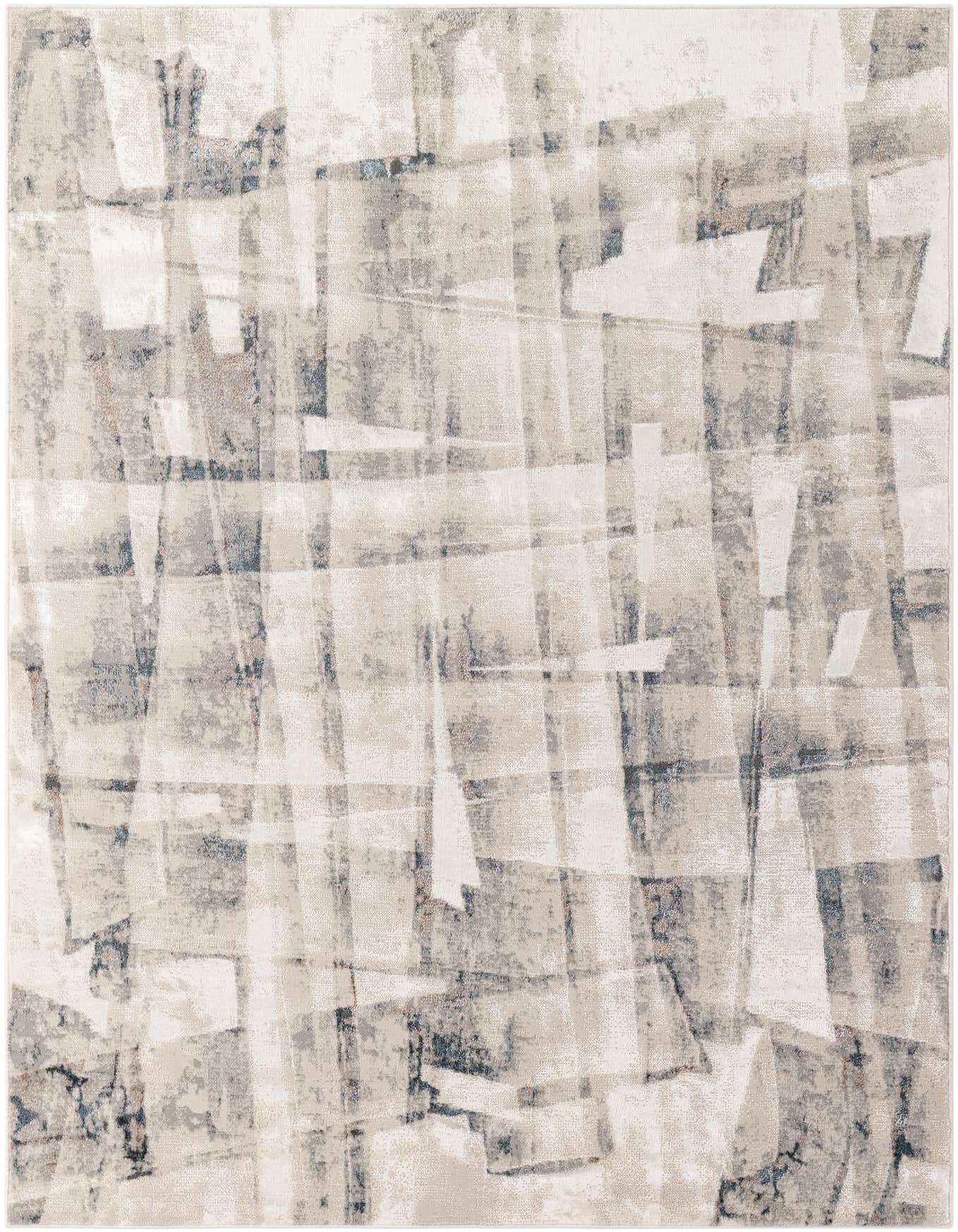 A 5x7 rectangular Delilah area rug featuring an abstract pattern in shades of gray and silver, suitable for modern indoor spaces.