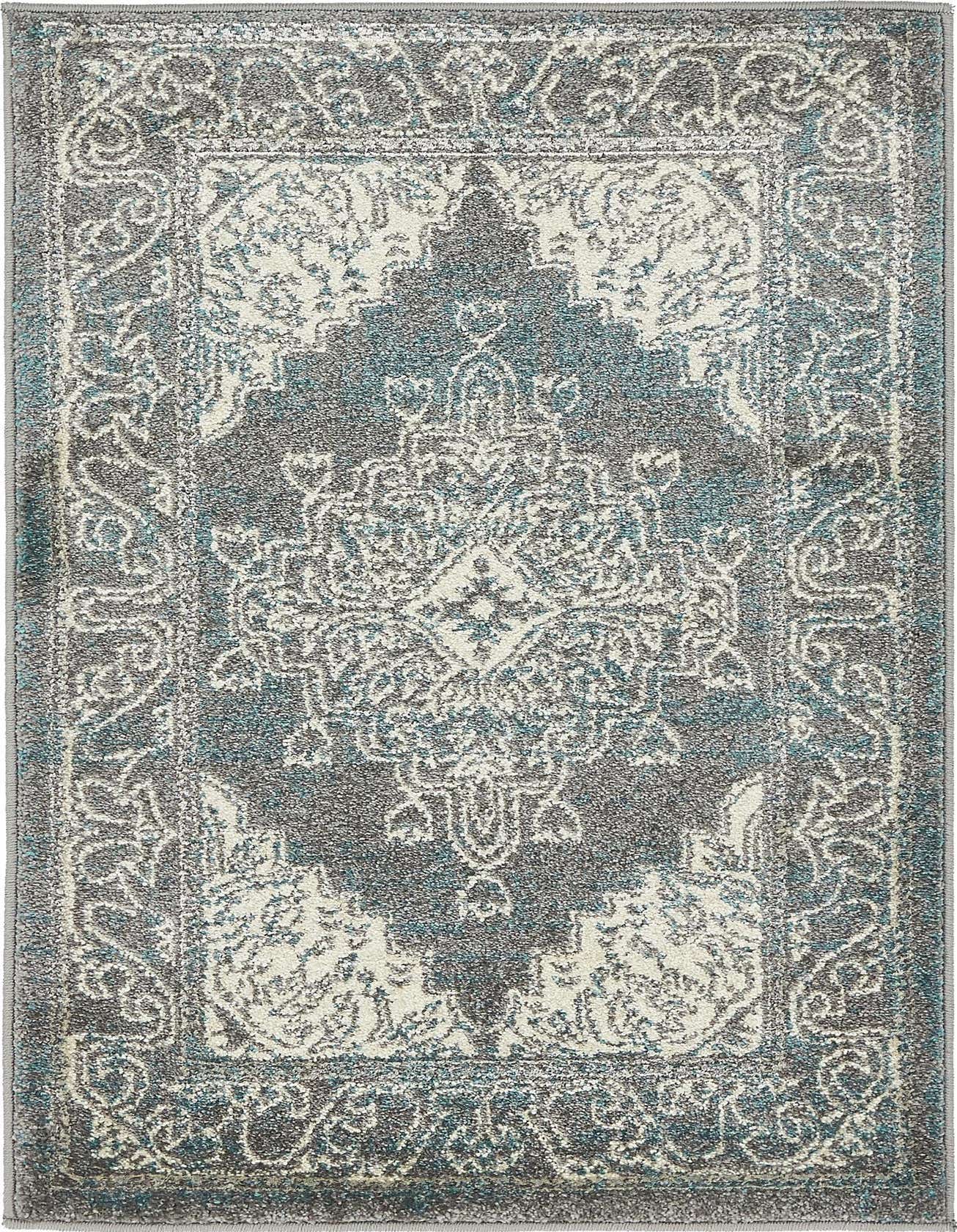 A 2x3 rectangular Delilah rug featuring a gray and off-white traditional medallion pattern with subtle teal accents.