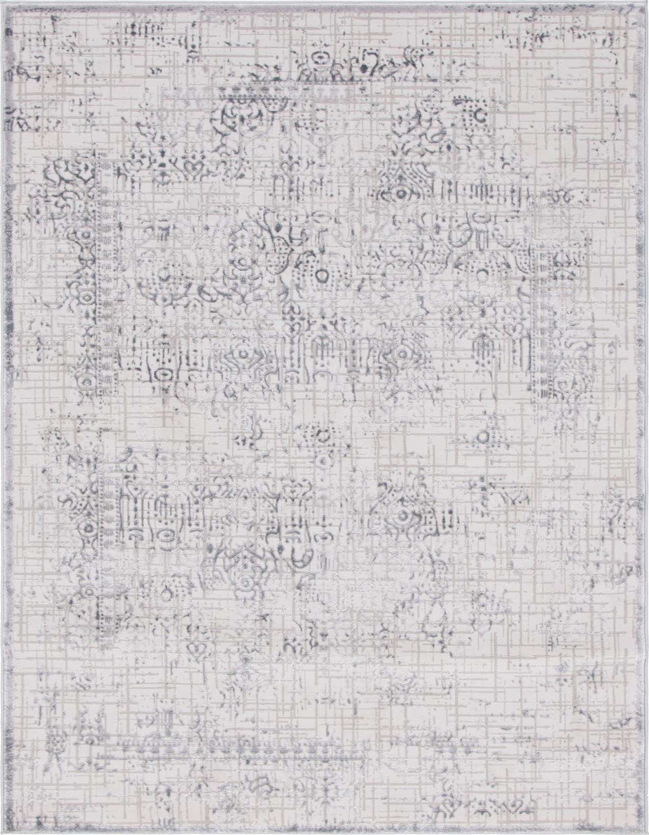 A 5x8 rectangular indoor rug in shades of gray and silver, featuring a distressed vintage and abstract pattern with a textured high-low pile.