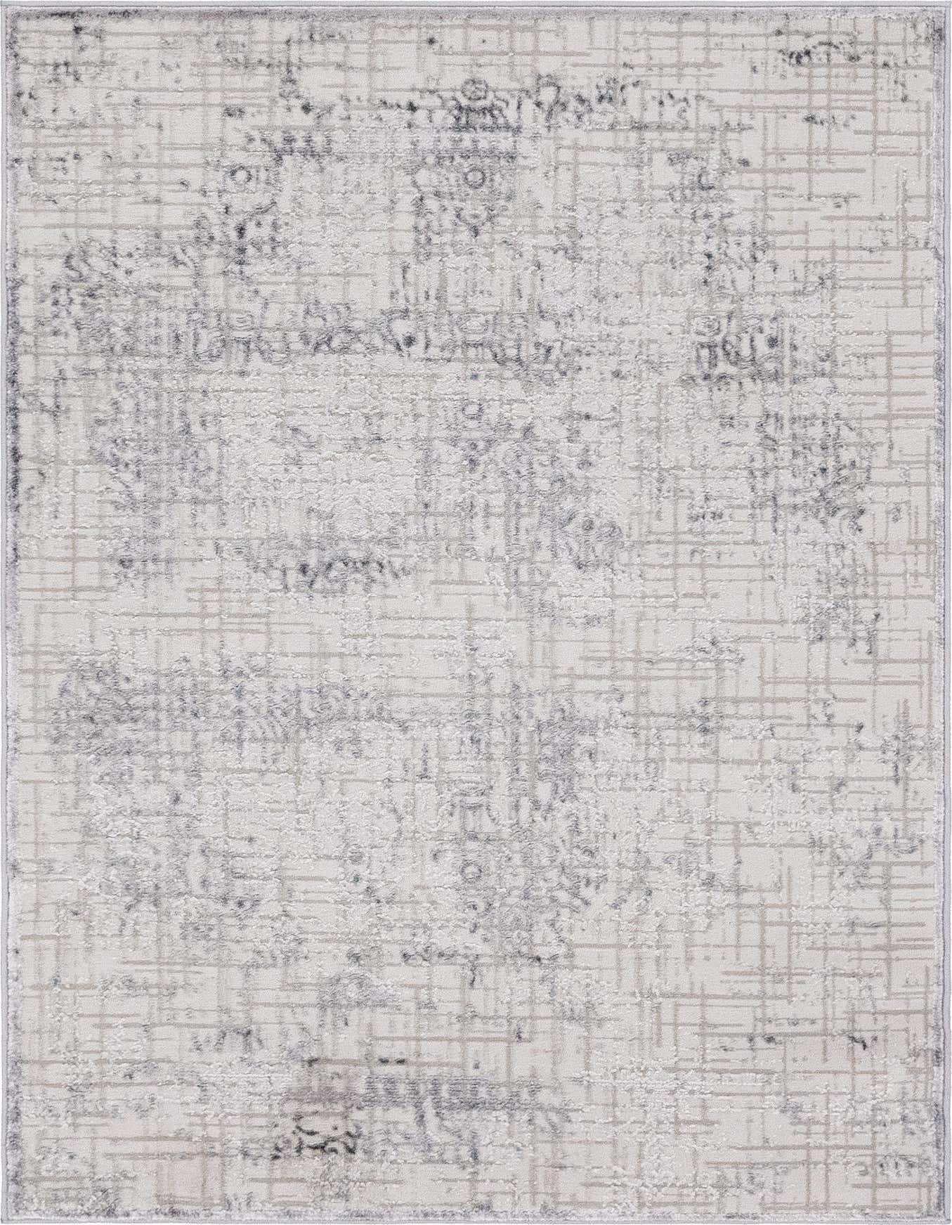 A rectangular 4x6 gray and silver vintage abstract area rug with a textured high/low pile.