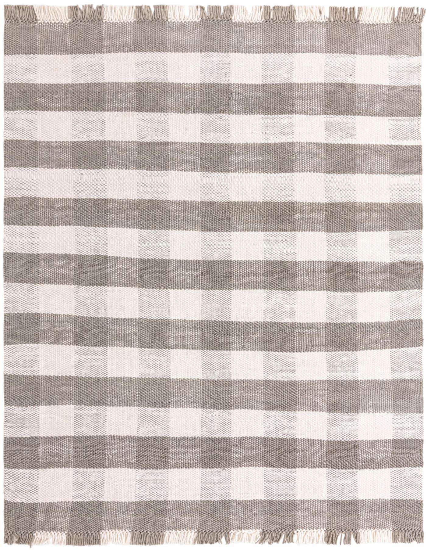 A 10x14 rectangular gray and white plaid rug with fringed edges, made from recycled plastic bottles, suitable for indoor or outdoor use.