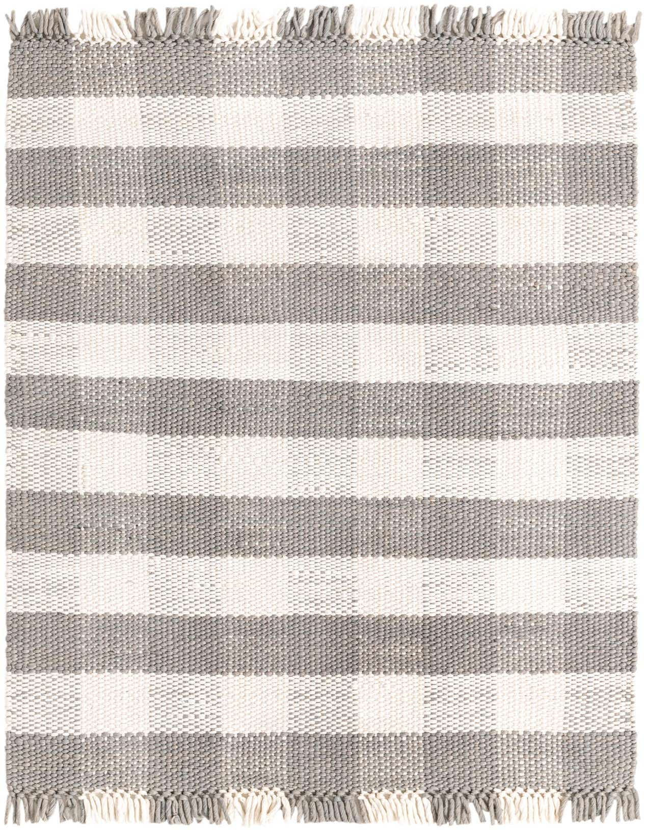 A 4x6 rectangular Eco Plaid rug featuring alternating wide stripes of light gray and white, with fringed edges.