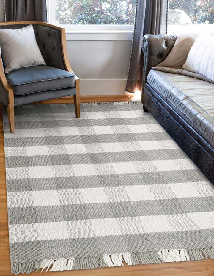 Gray 5' 3 x 8' Eco Plaid Indoor Washable Indoor / Outdoor Rug | Rugs.com