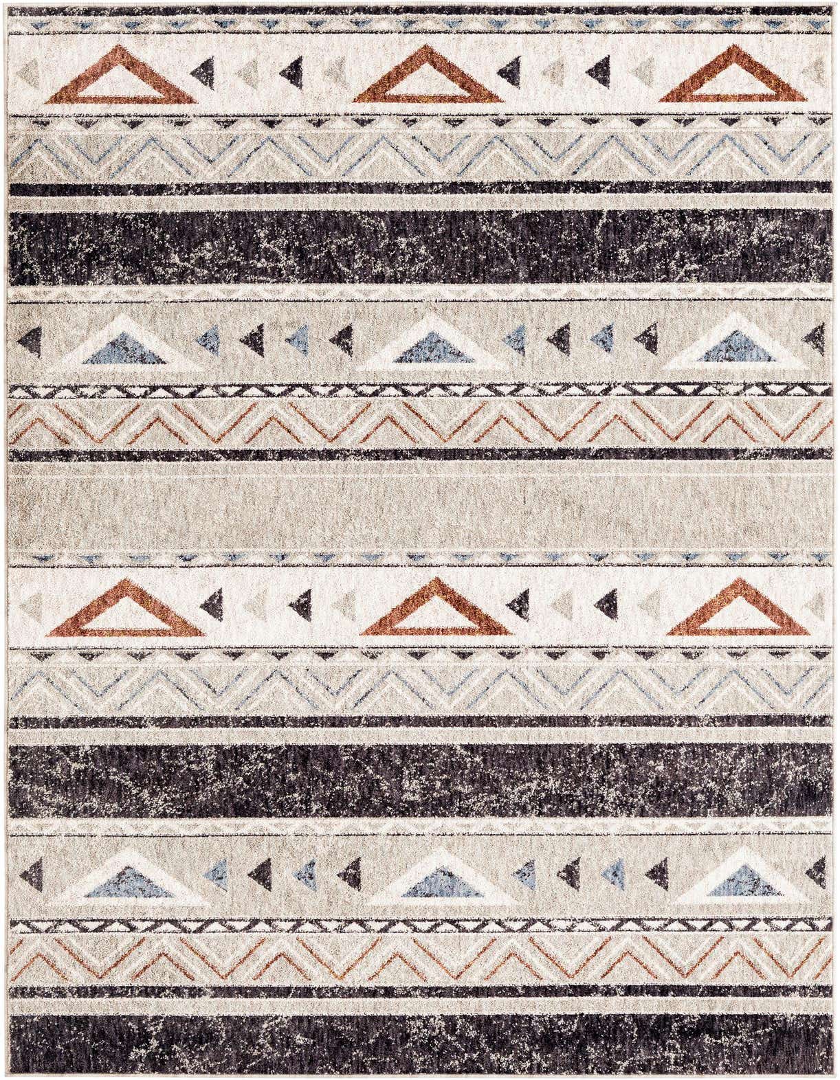 A 5x8 rectangular Eco Southwestern rug featuring tribal stripes in grays, silvers, black, rust, and light blue.
