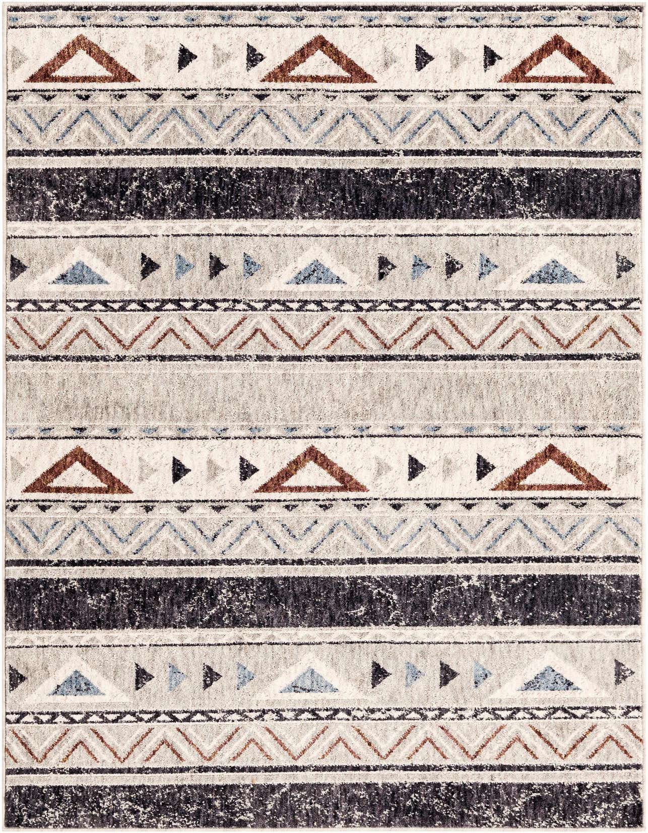 A 4x6 rectangular Eco Southwestern rug featuring gray, brown, and blue tribal patterns with stripes and geometric shapes.