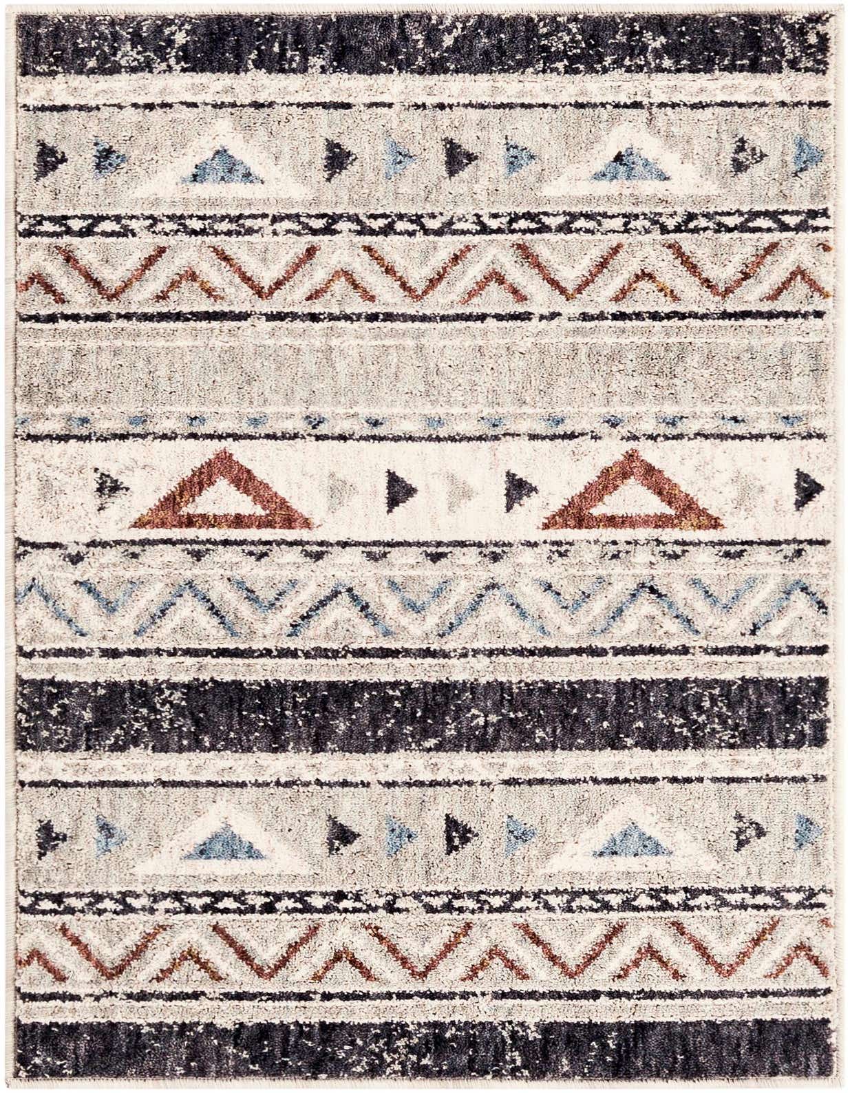 A 2x3 rectangular Eco Southwestern rug with gray, black, brown, and blue tribal patterns and stripes.