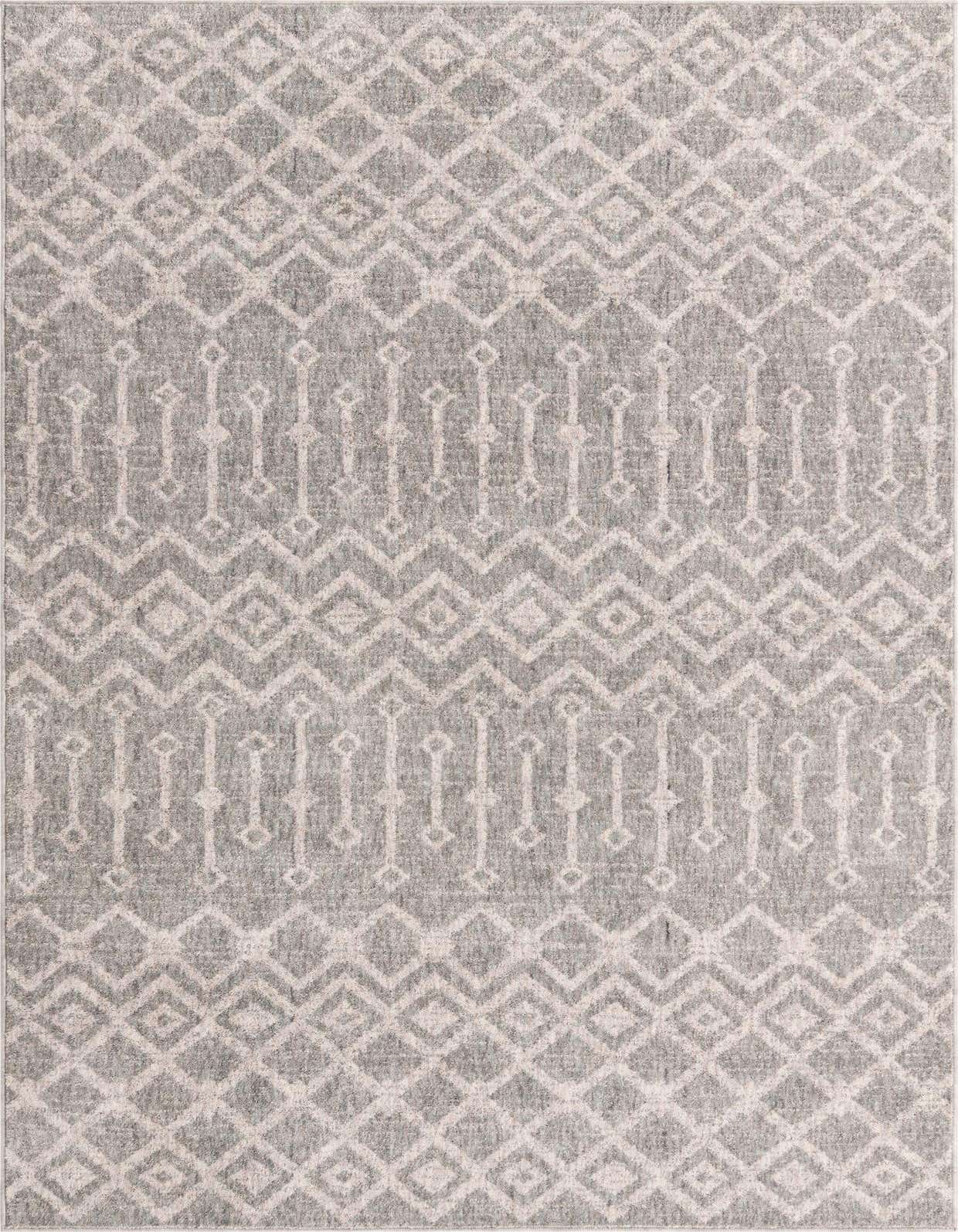 A 5x8 rectangular Eco Trellis rug in varying shades of gray with a distressed modern trellis pattern.