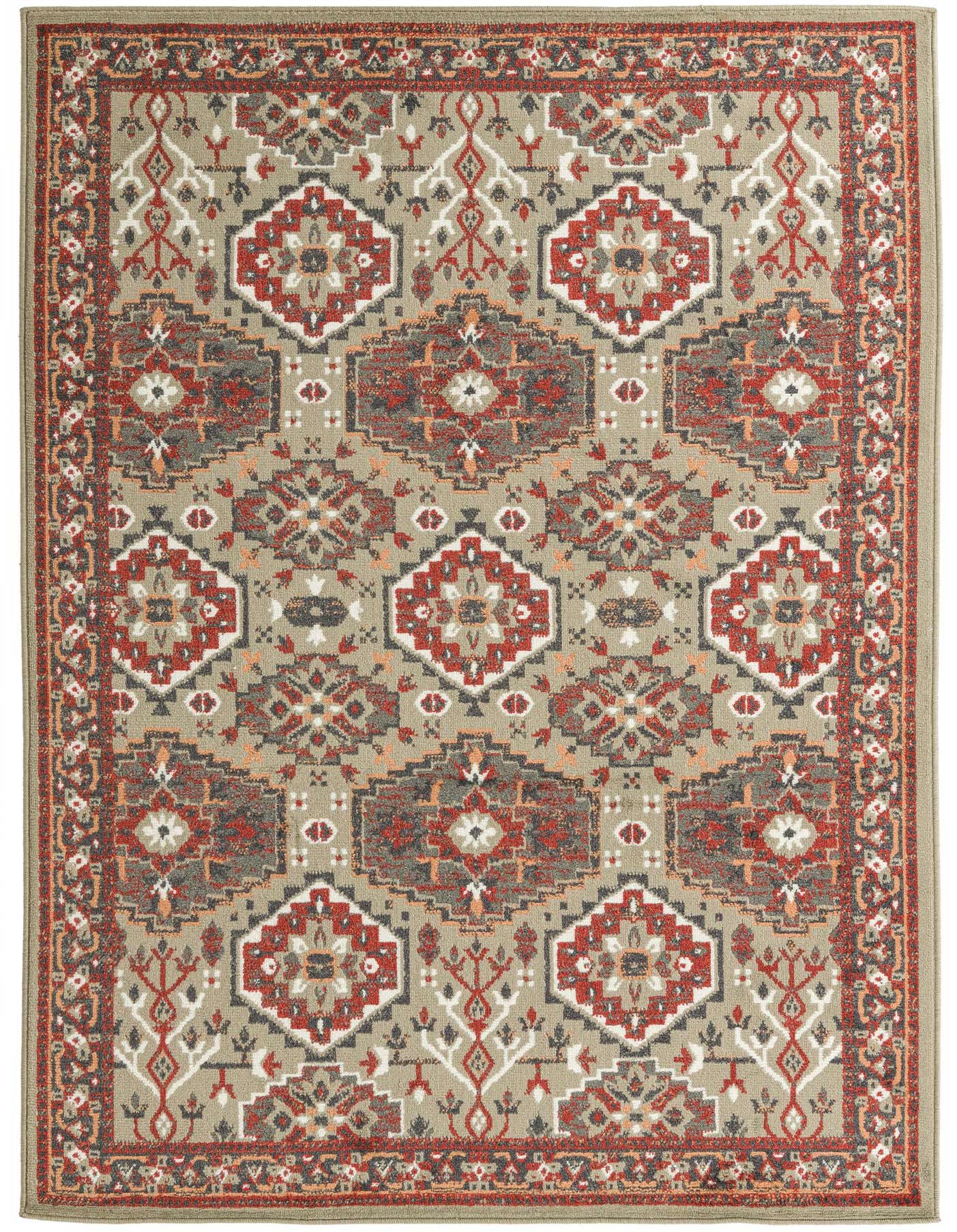 A 5x8 rectangular Eden collection rug featuring a traditional Oriental pattern in gray, silver, and red tones.