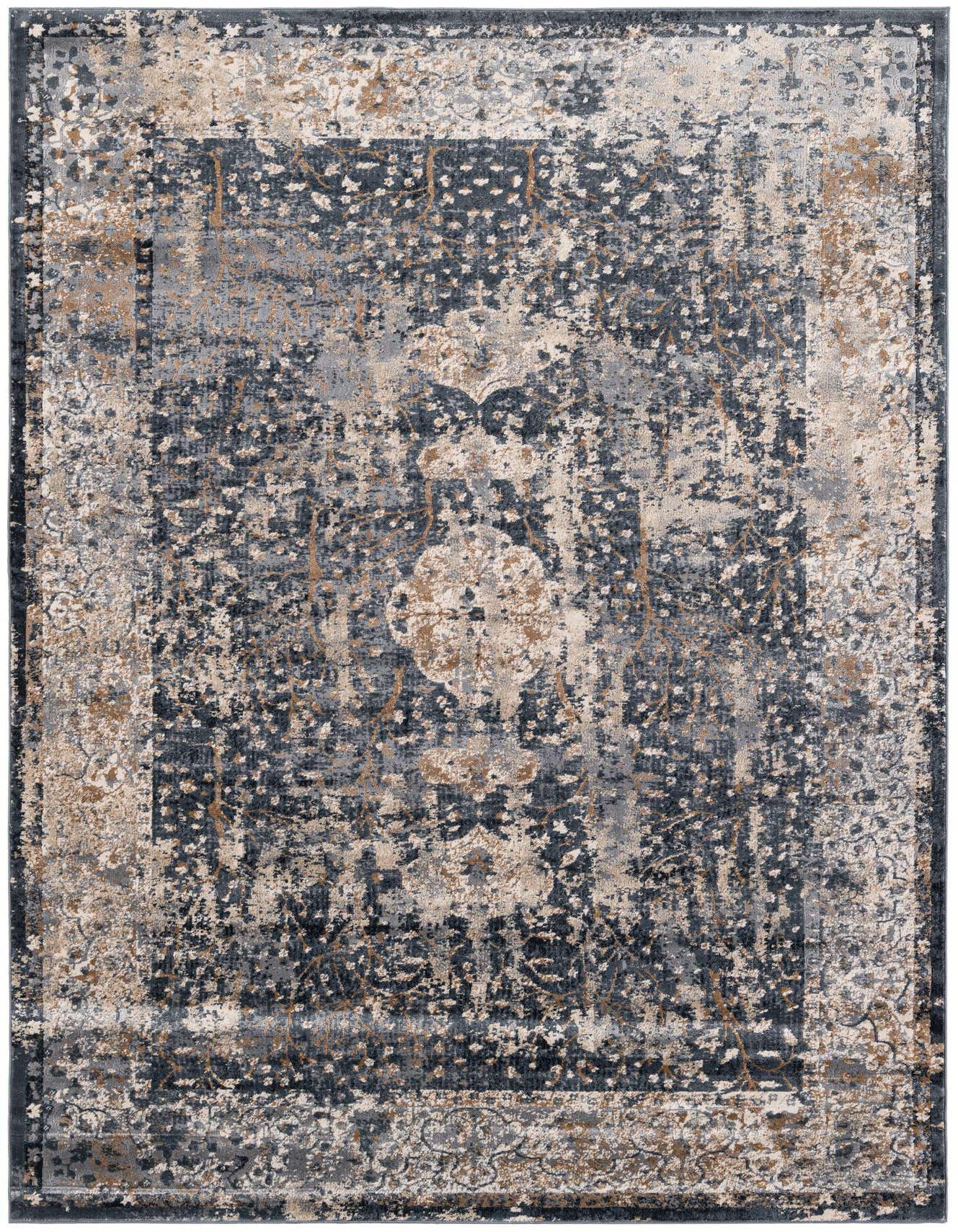 A 5x8 rectangular Eliza Collection rug from Rugs.com, featuring a distressed vintage Oriental floral pattern in shades of gray, silver, and subtle beige.