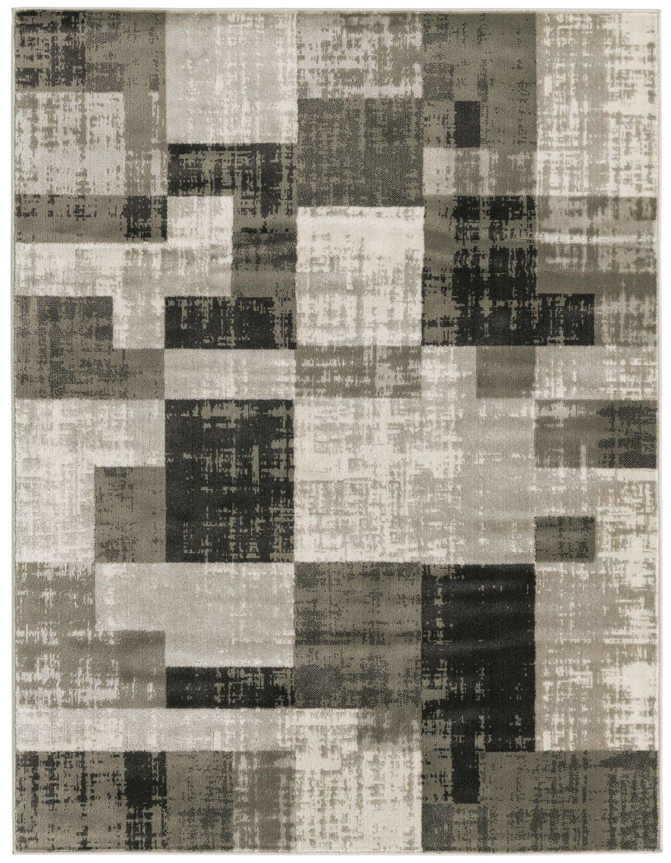 A 5x8 rectangular Equinox rug featuring a modern abstract pattern in varying shades of gray, silver, and black.