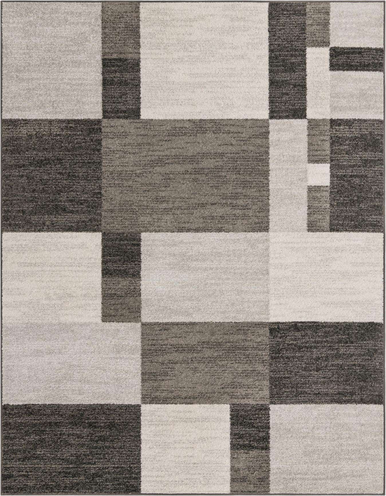 A 6x9 rectangular gray modern area rug featuring a geometric block pattern in varying shades of light and dark gray.