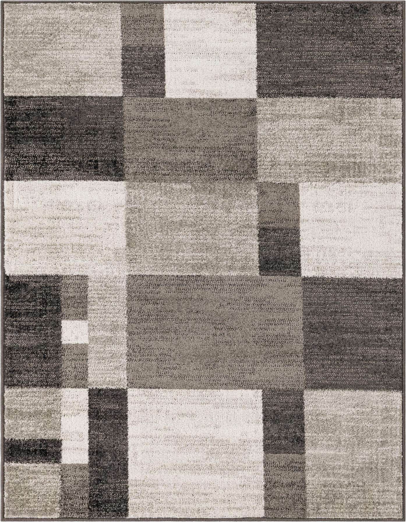 A 4x6 rectangular indoor rug featuring a modern geometric pattern in varying shades of gray, silver, and charcoal.