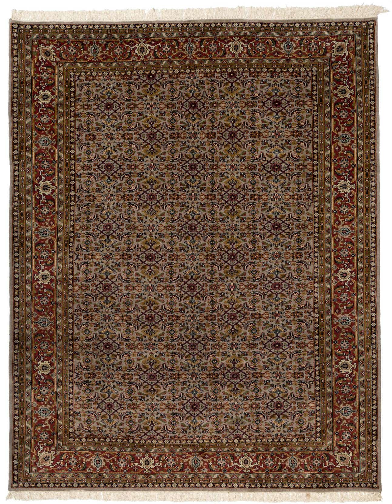 A 6x9 rectangular Farahan rug featuring a traditional Oriental pattern in grays, silvers, and deep reds with intricate floral motifs.