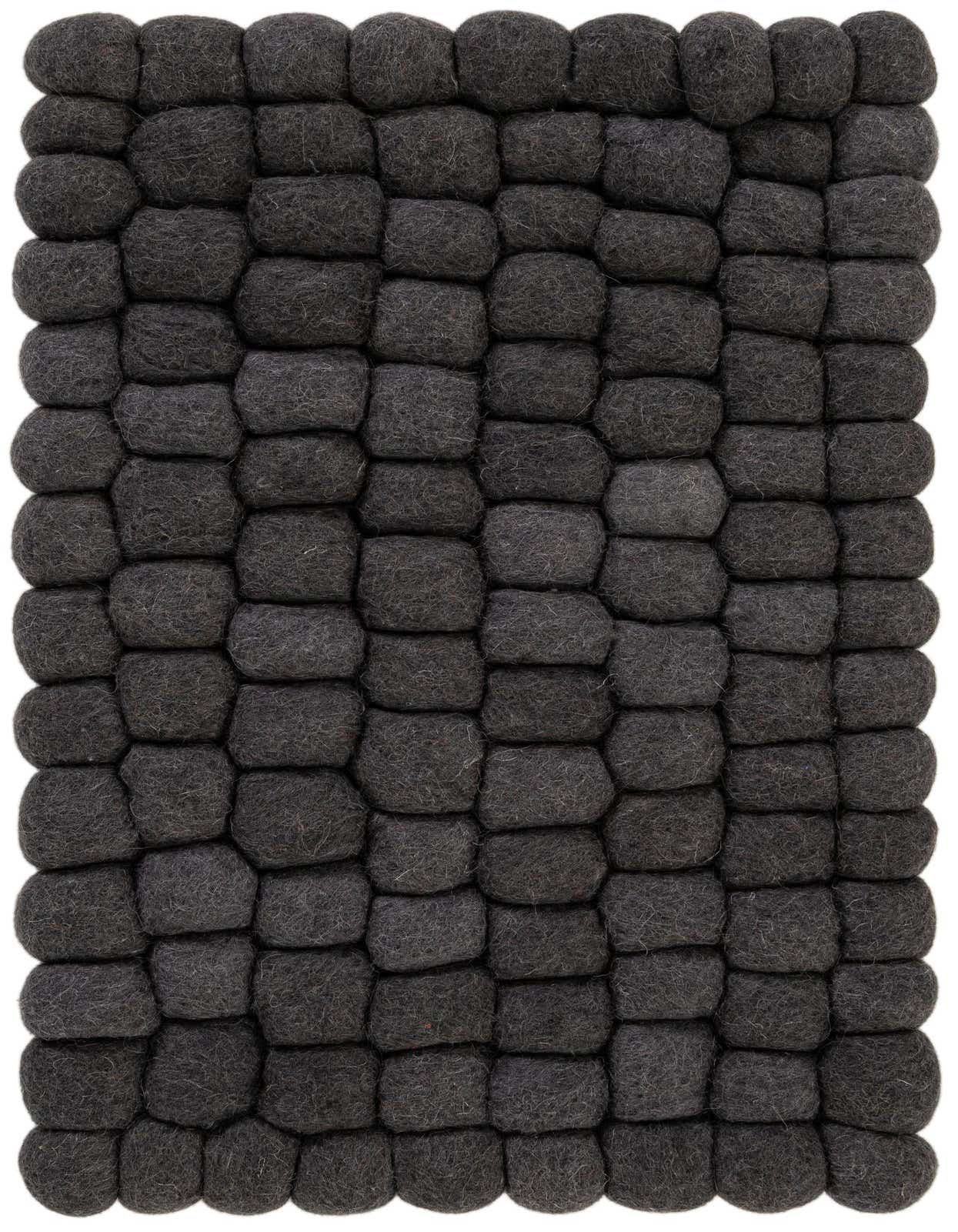 A rectangular 1x2 gray modern shag rug made from individual wool felt balls, handmade for indoor use.
