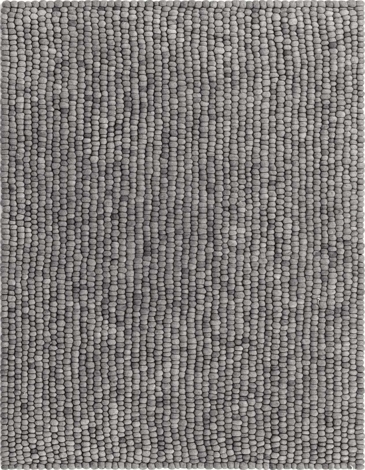 A 5x8 rectangular gray felt ball rug with a textured shag pile, perfect for a modern living room.