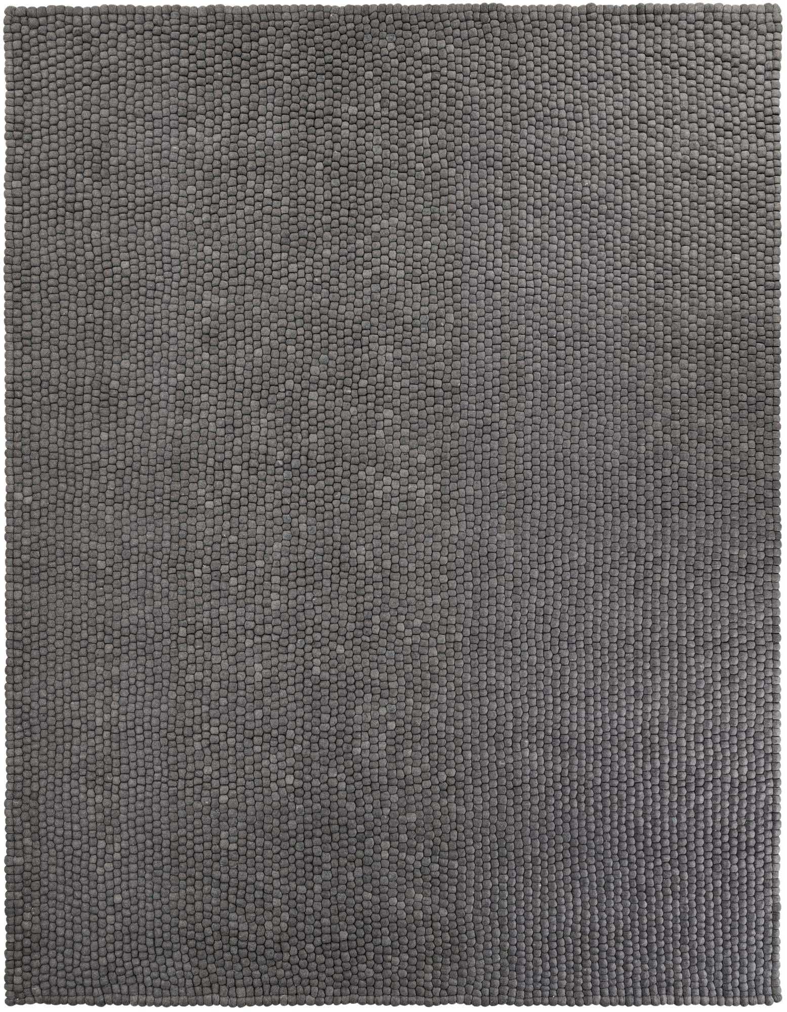 A 10x13 rectangular gray modern shag rug made from felt balls, offering a textured, cozy feel.
