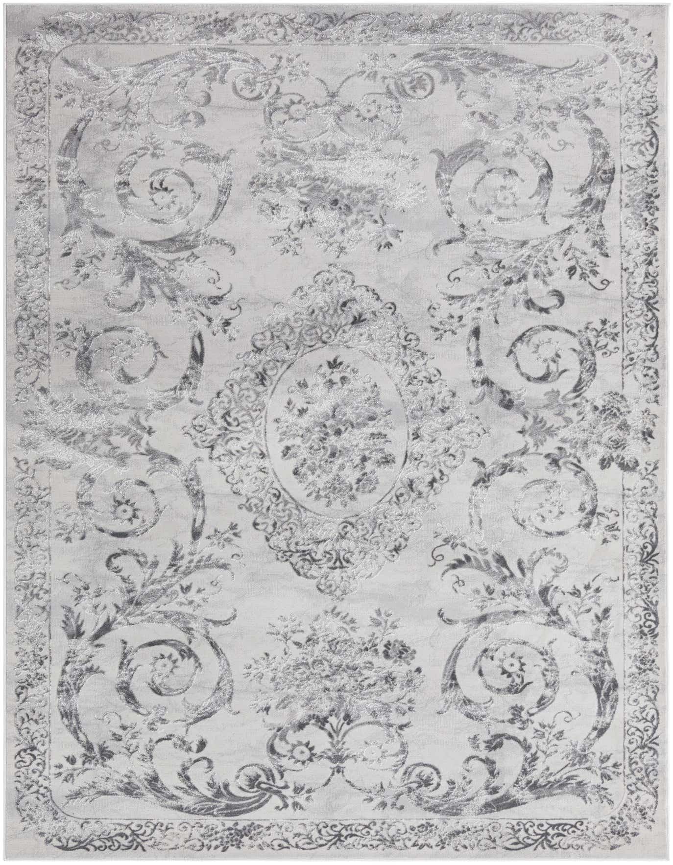 A rectangular 6x9 Finsbury rug in shades of gray and silver, featuring a traditional medallion and floral pattern with a high/low textured pile.