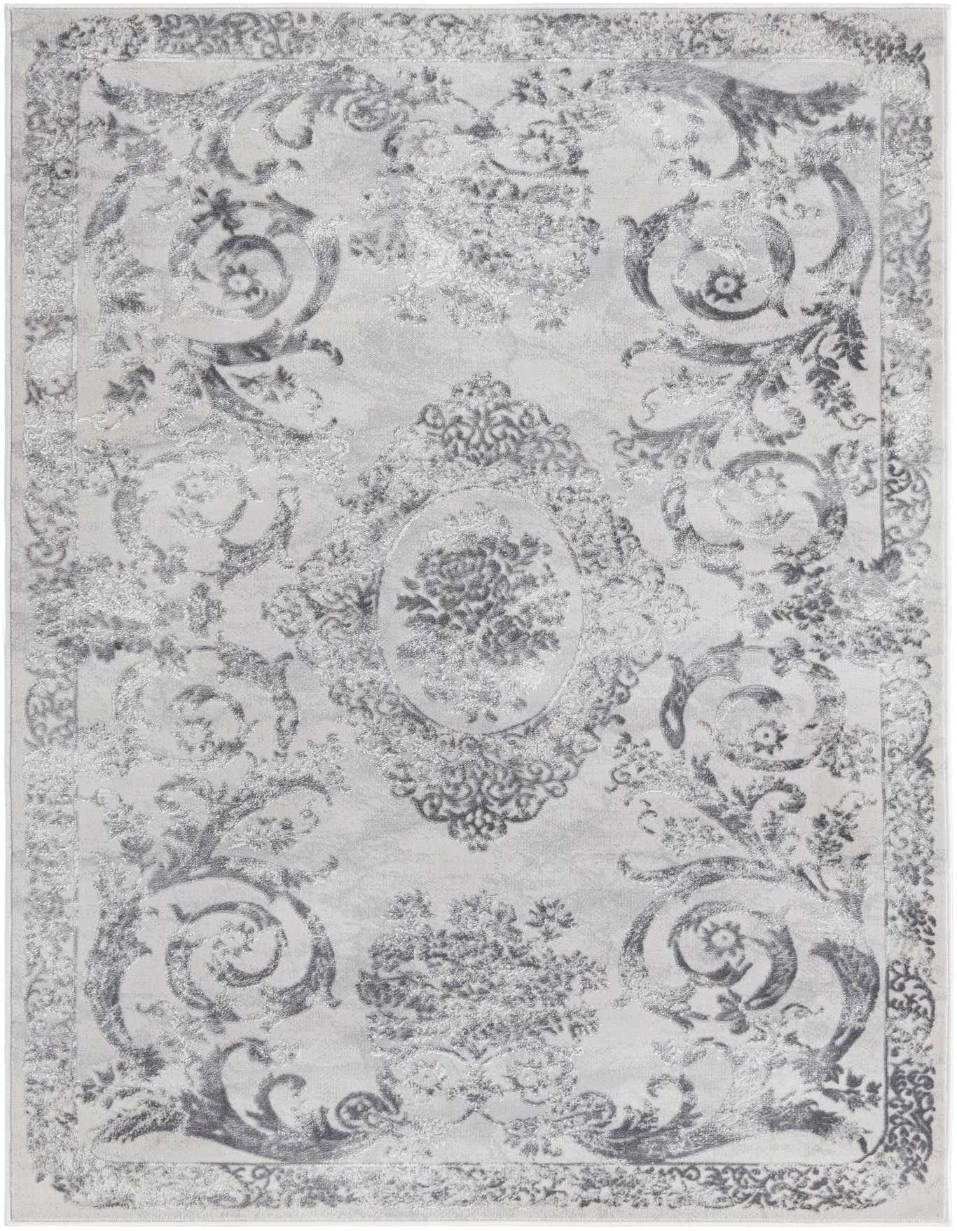 A 4x6 rectangular gray and silver traditional rug with a central medallion and ornate floral patterns.