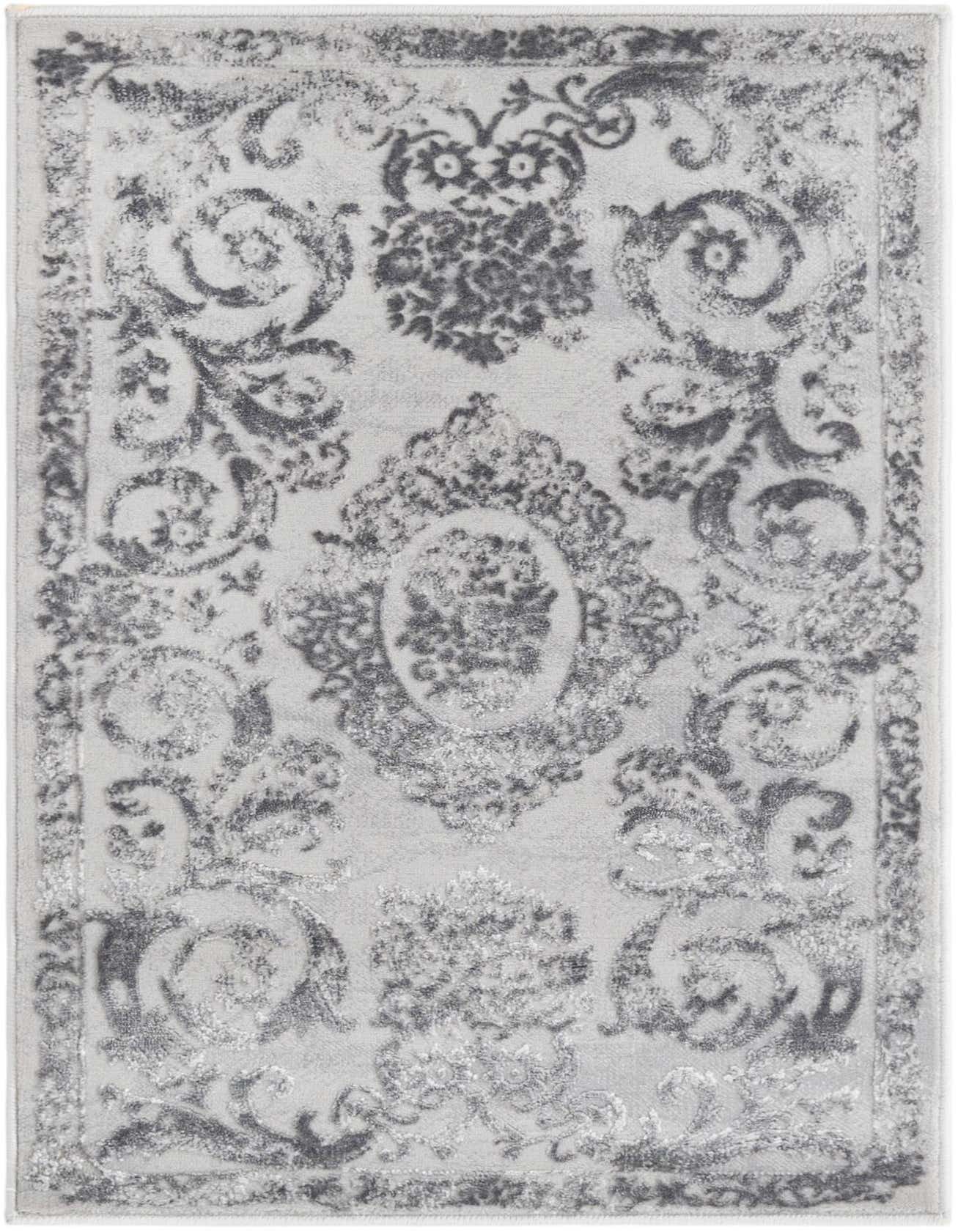 A 2x3 rectangular Finsbury rug in shades of gray and silver, featuring a traditional medallion pattern with high-low textured pile.