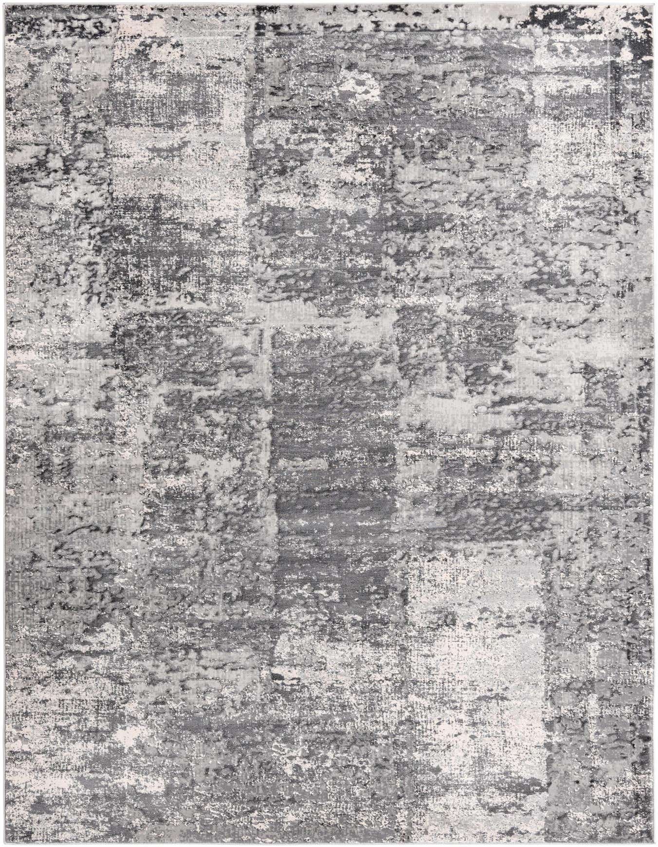 A 6x9 rectangular gray modern abstract rug with a high/low textured pile, suitable for a living room.