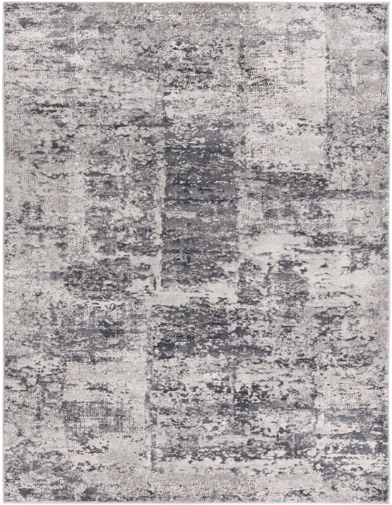 A 5x8 rectangular Finsbury rug from Rugs.com featuring an abstract, distressed pattern in varying shades of gray and silver, suitable for a living room.