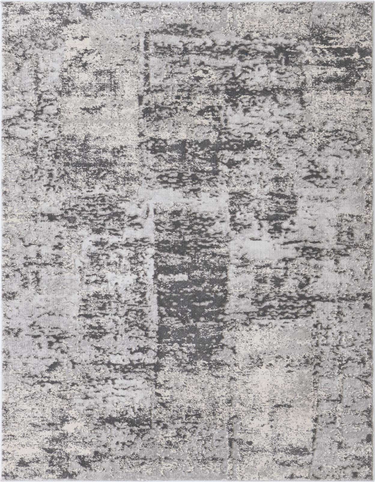 A 3x5 rectangular area rug featuring an abstract, distressed pattern in varying shades of gray and silver.