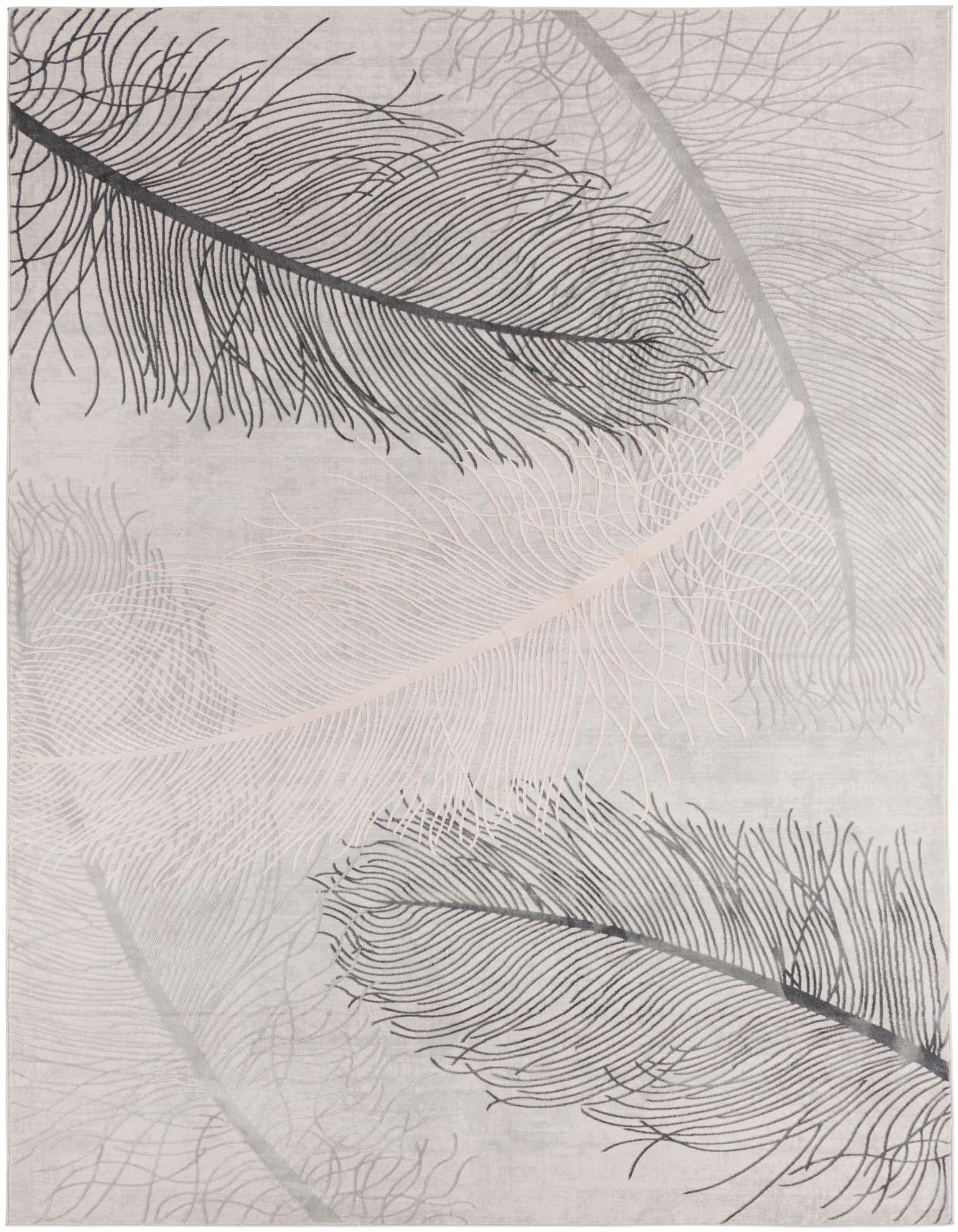 A 9x12 rectangular gray area rug with a modern tropical feather pattern, featuring varying shades of gray and silver.