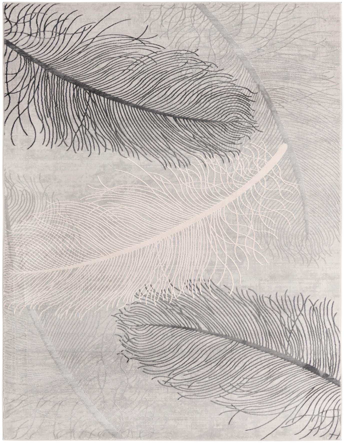A 6x9 rectangular gray area rug featuring large, modern tropical feather patterns in varying shades of gray and white.