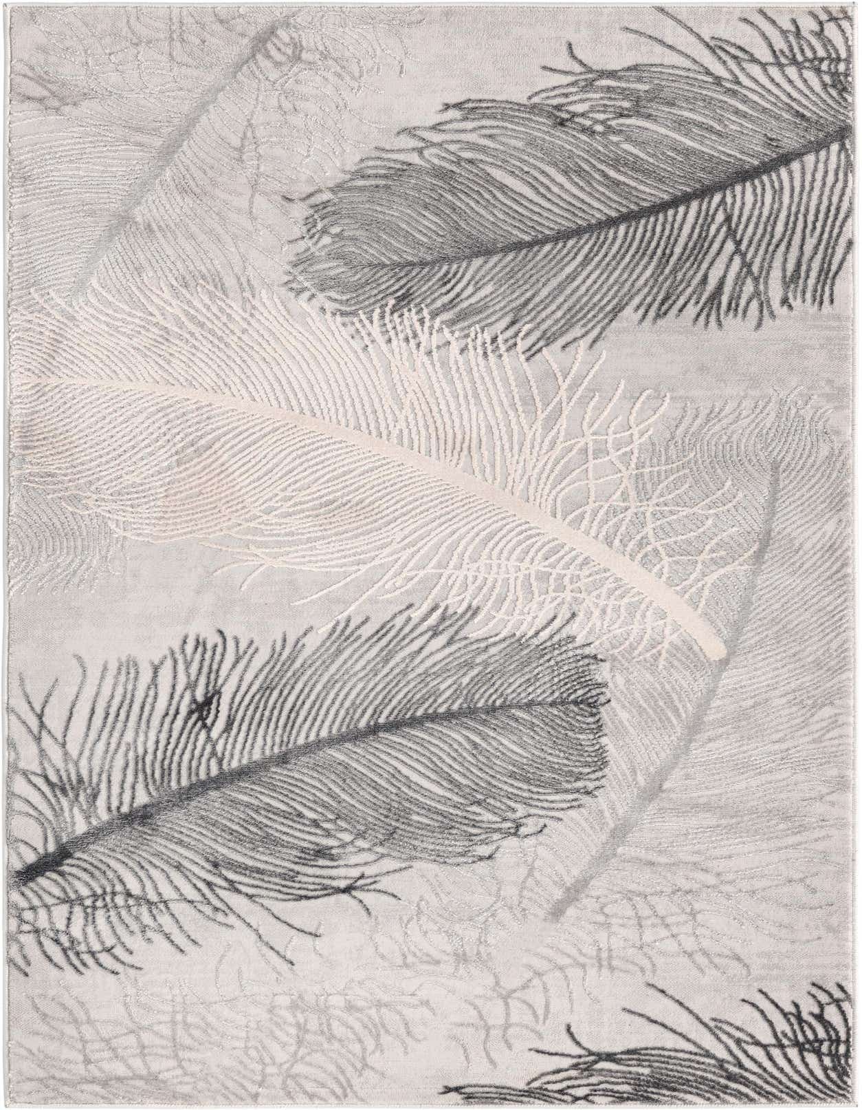 A 3x5 rectangular gray area rug featuring a modern tropical feather pattern in varying shades of gray and silver with a textured high-low pile.