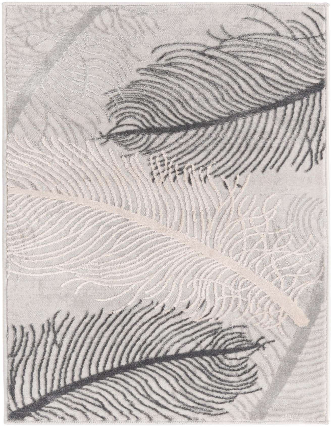 A 2x3 rectangular gray Finsbury rug with a modern tropical feather pattern in varying shades of gray and silver.