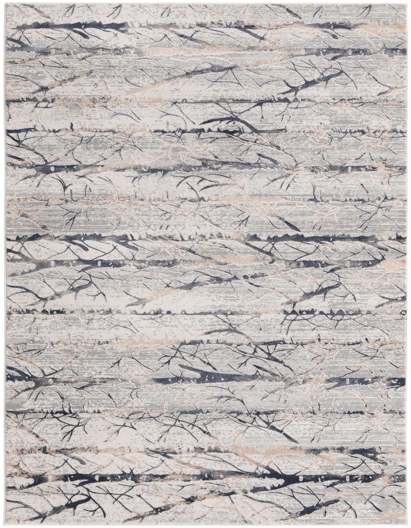 A 5x8 rectangular Finsbury rug featuring a modern gray and silver stripe pattern with textured high/low pile.