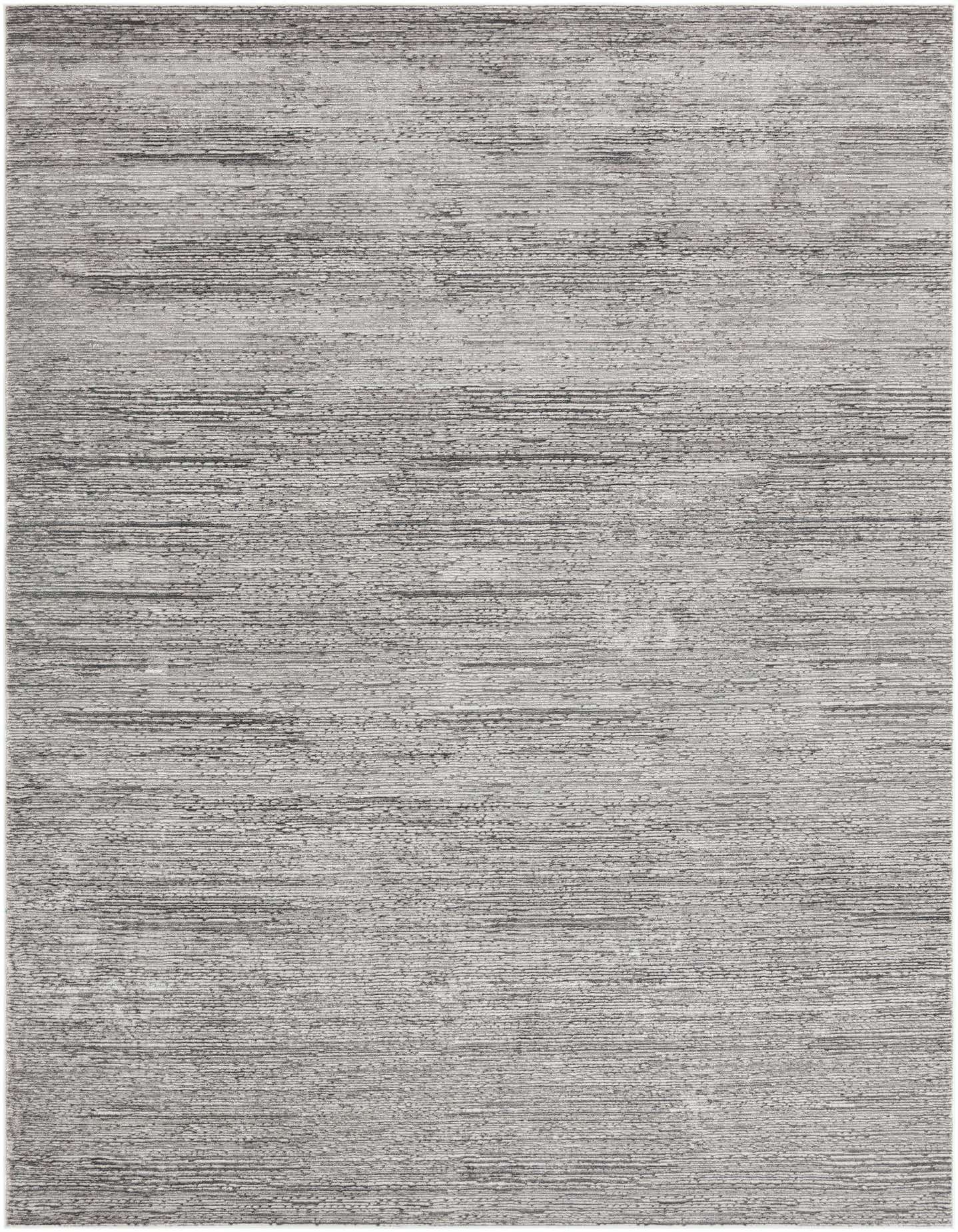 A 10x14 rectangular gray and silver area rug with a textured, horizontal striped pattern, ideal for a modern living room.