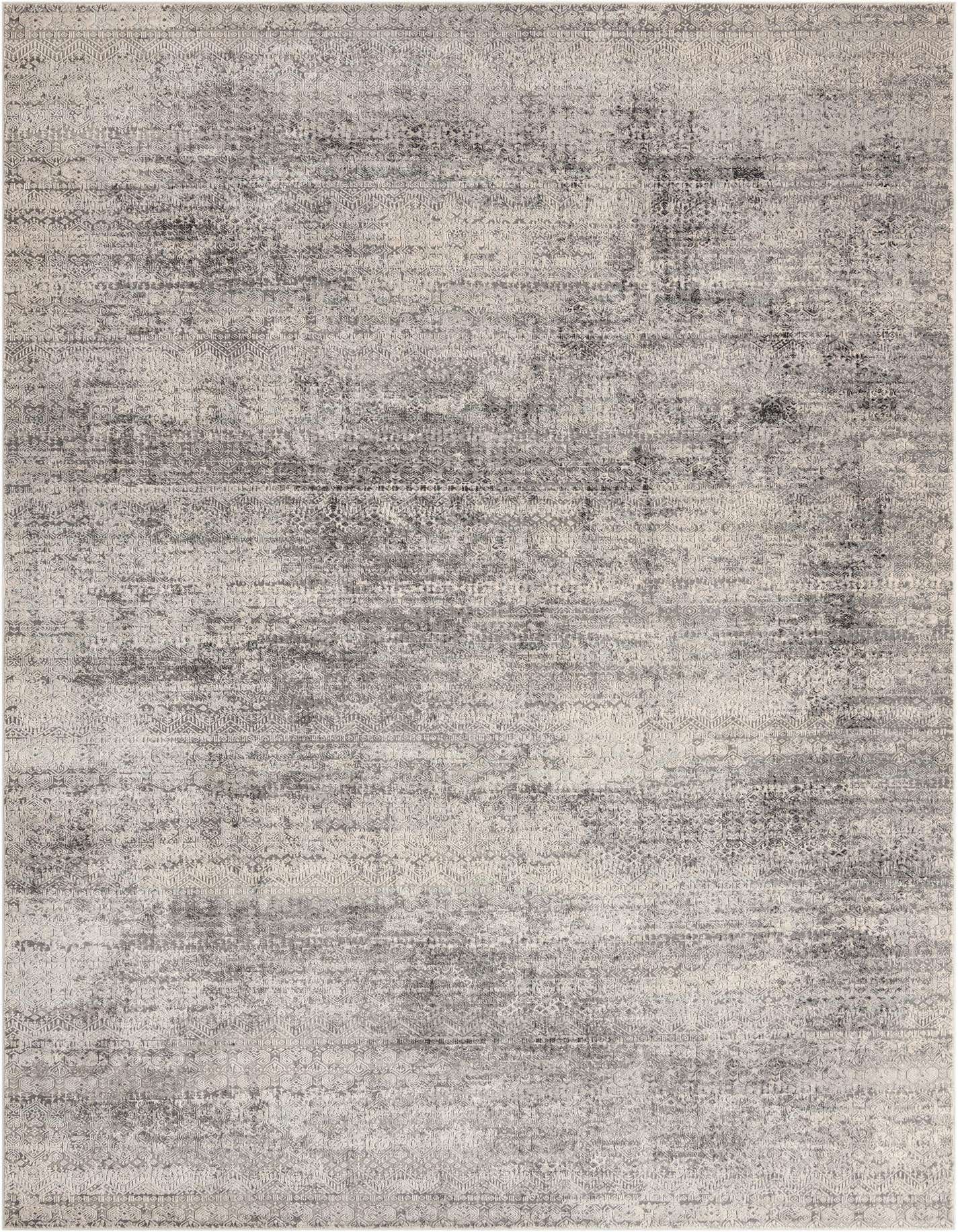 A 10x14 rectangular gray and silver area rug with a distressed, abstract pattern and medium pile.