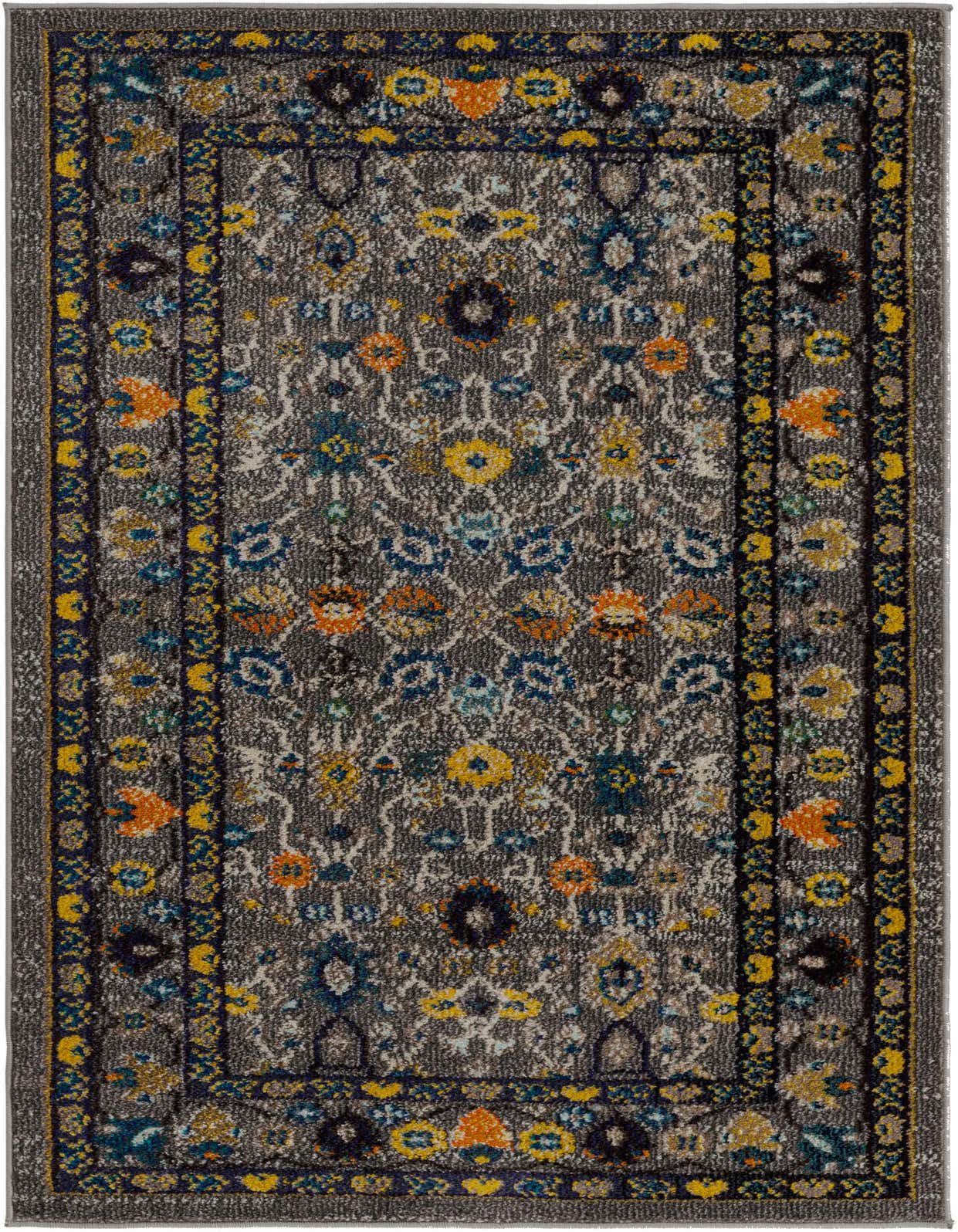 A 3x5 rectangular gray rug with a vibrant bohemian floral pattern in yellow, orange, and blue, featuring a dark border.