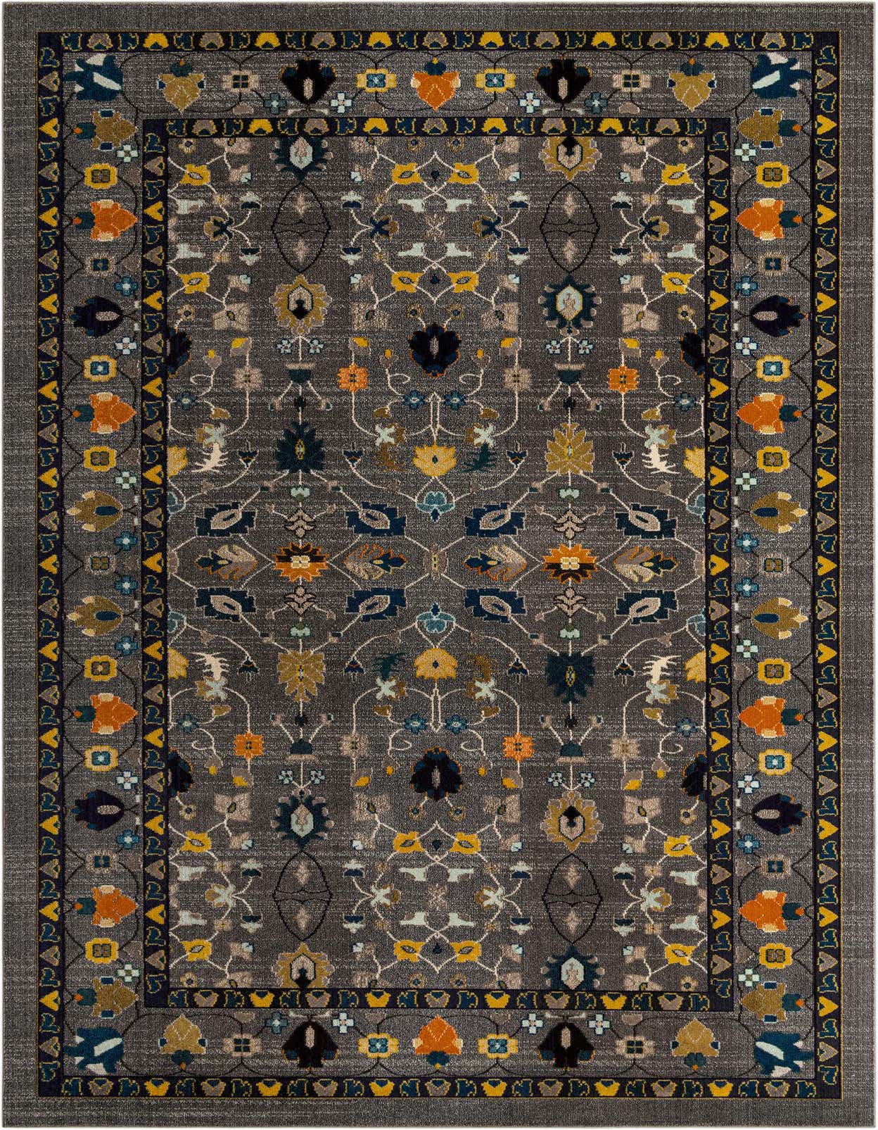 A rectangular gray Fleur palace rug with a vibrant bohemian floral pattern in yellow, orange, and blue hues.