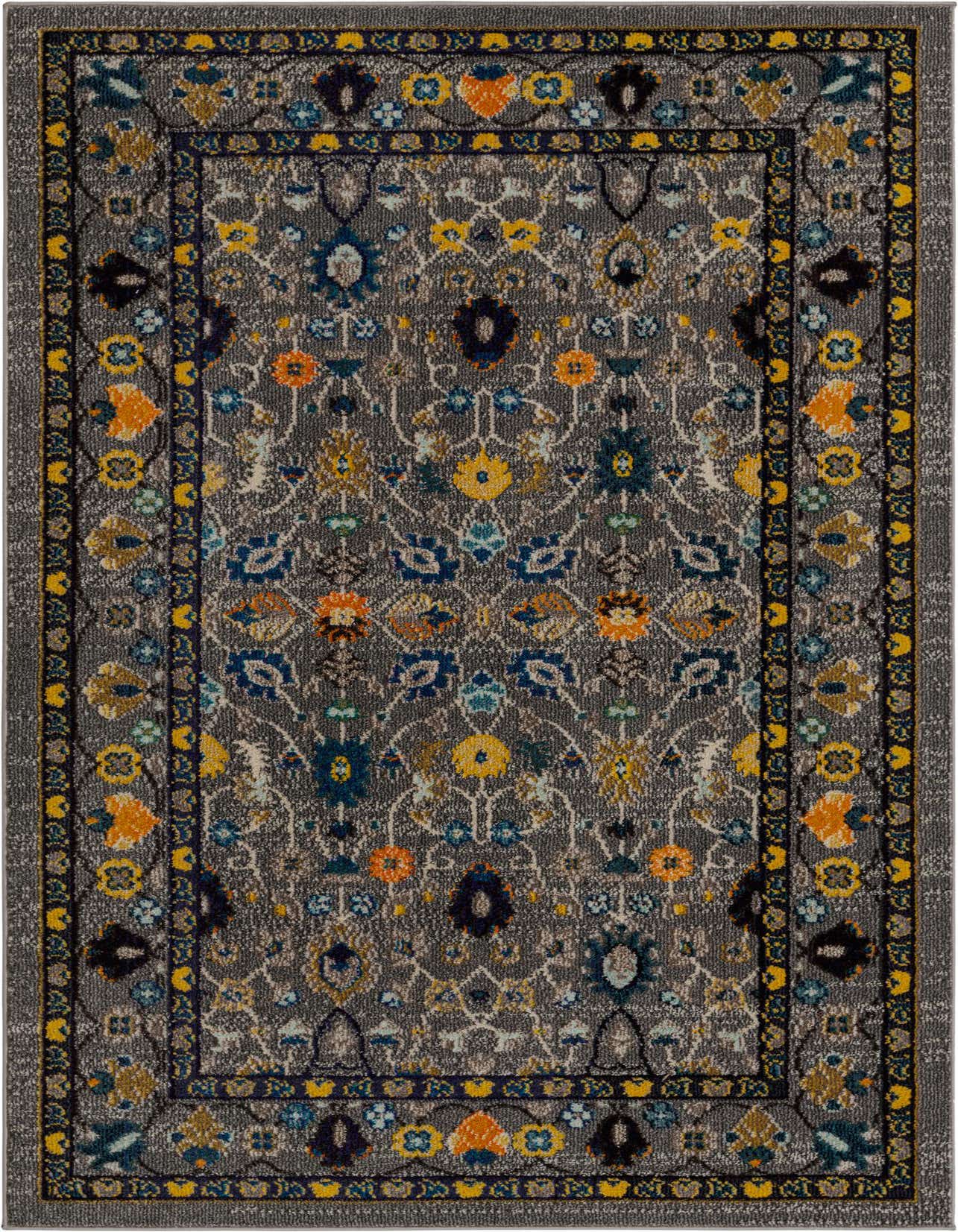 A 5x8 rectangular gray area rug with a vibrant bohemian floral pattern in yellow, blue, and orange, ideal for a living room.