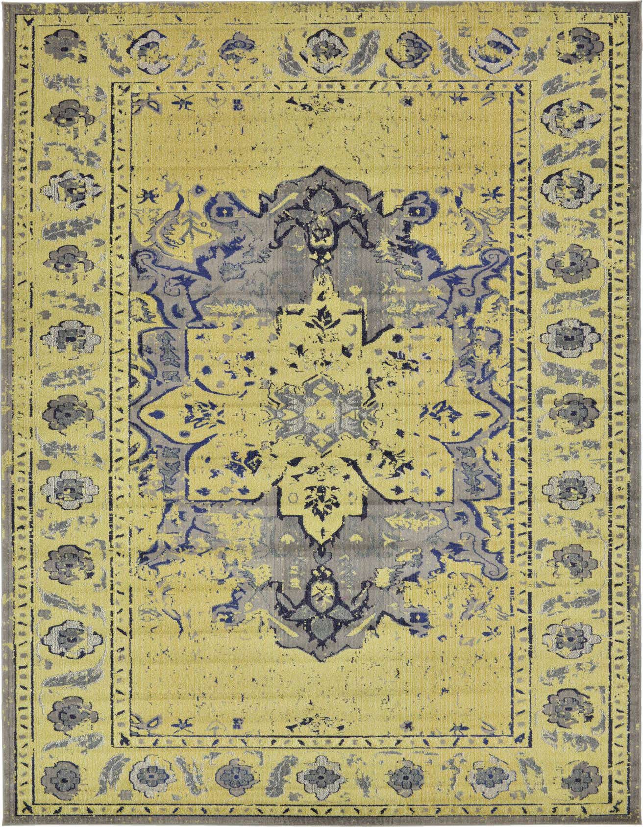 A rectangular gray and yellow Bohemian rug with a distressed medallion pattern, ideal for a living room or bedroom.