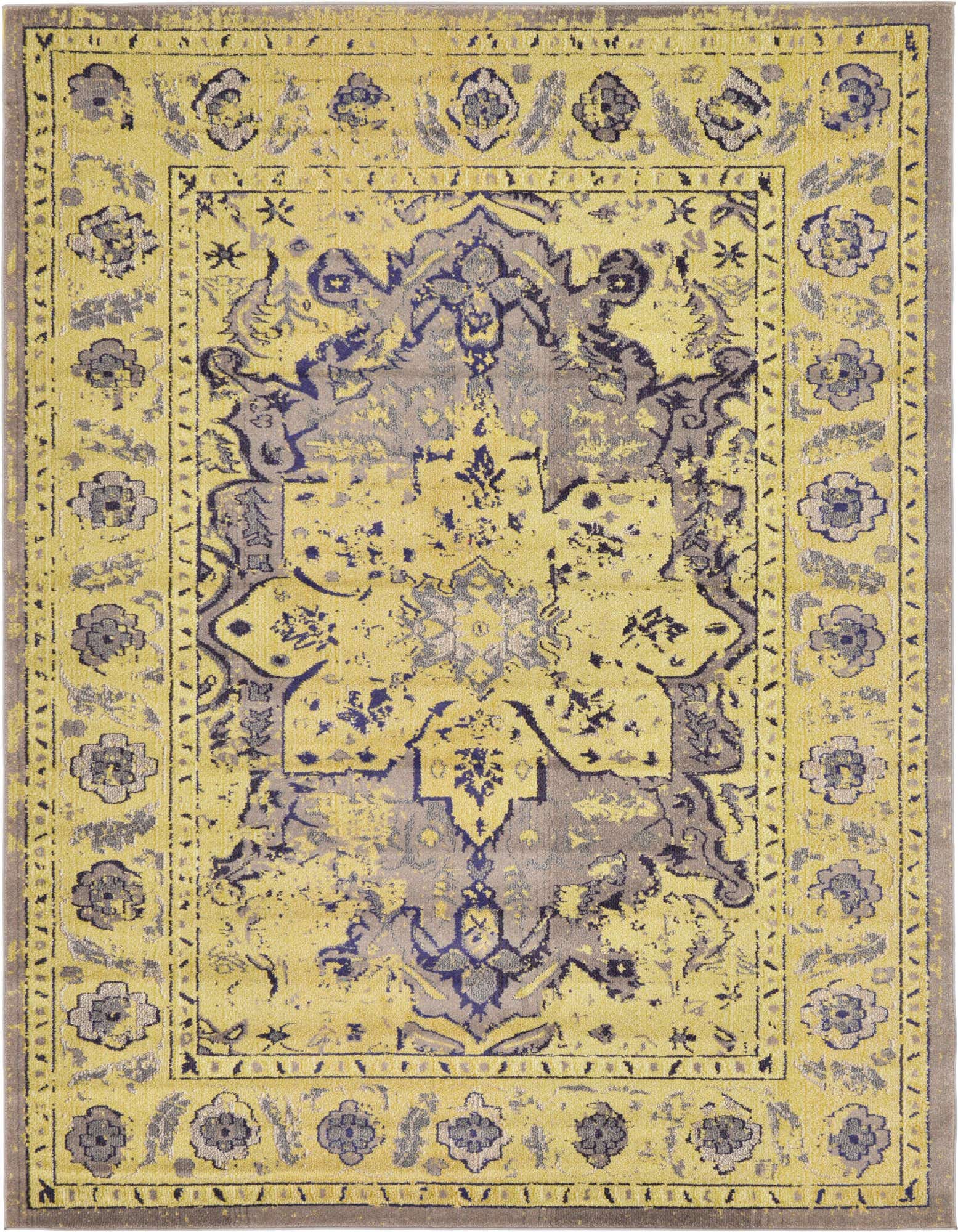 A rectangular 8x11 gray and yellow bohemian rug with a distressed medallion pattern, suitable for a living room.